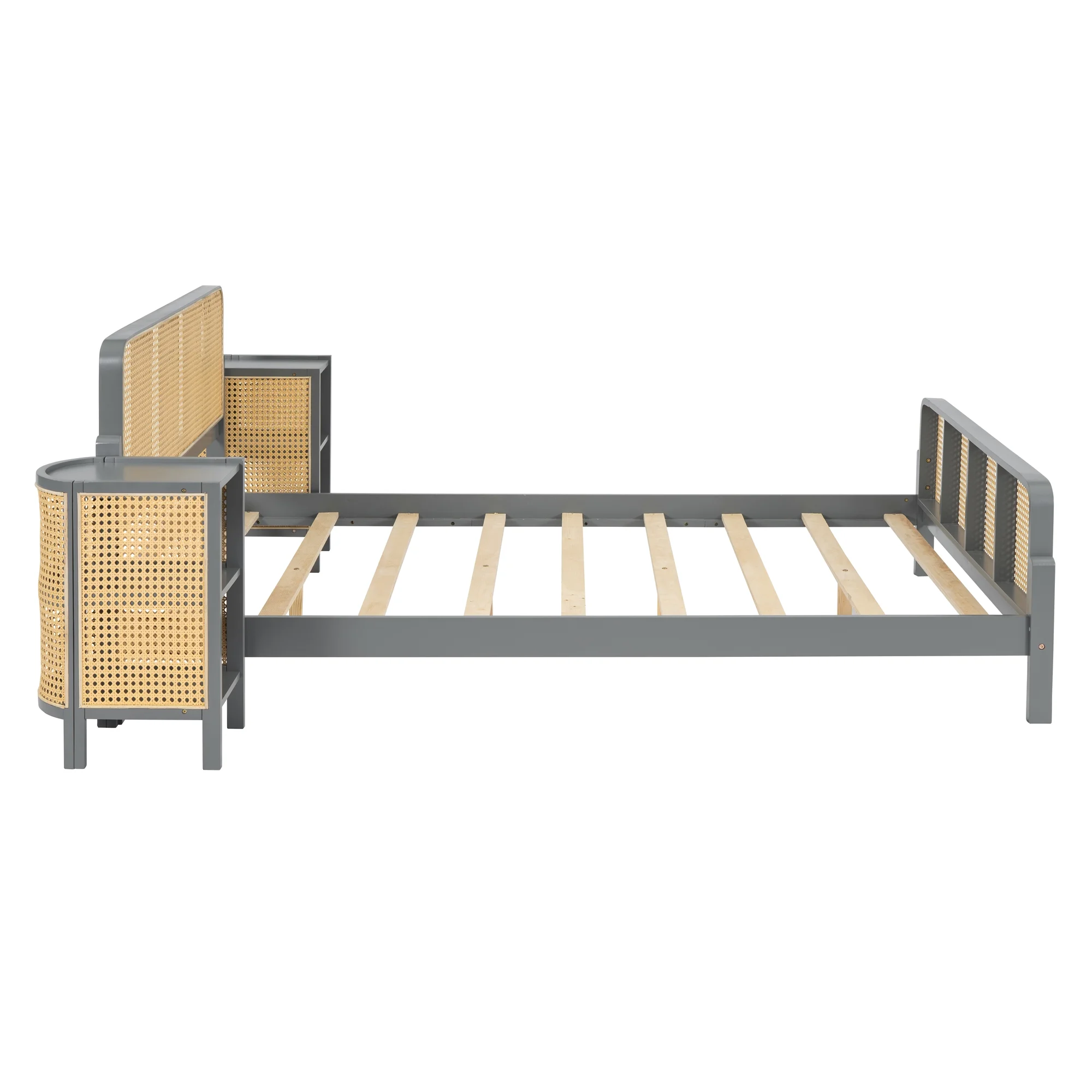Churanty 3 Pieces Rattan Platform Bed Full Size Set with 2 Nightstands,Boho Bed Frame Full with Rattan Headboard and Footboard,Gray