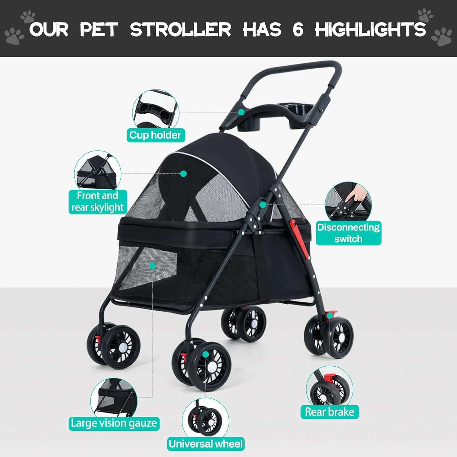 Foldable Pet Stroller, COLLIFORD Pet Strolling Cart for Dog Cat, Breathable and Visible Mesh for All-Season