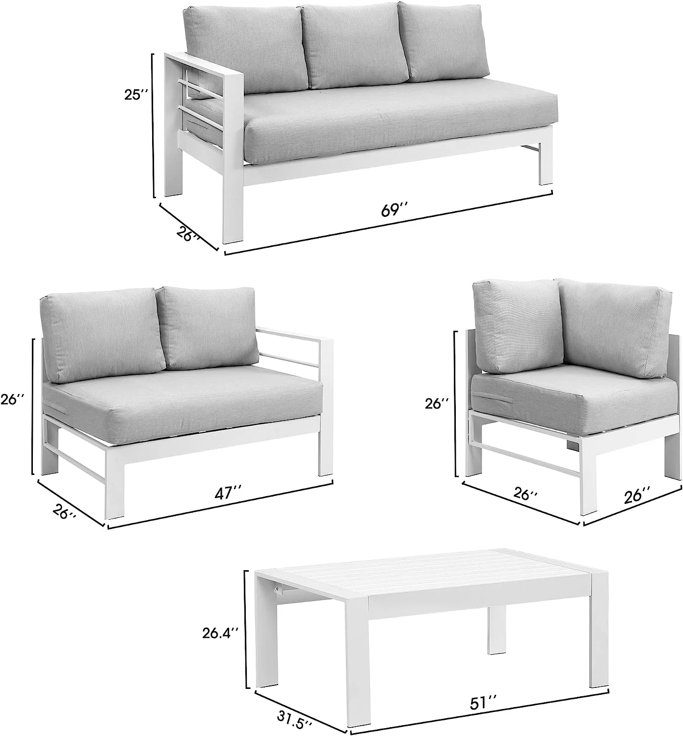 Lane Aluminum Outdoor Patio Furniture Set  Metal Outside Patio Furniture Conversation Sets with Dining Table&2 Ottomans  Sectional Sofa Couch Seating Set with Cushion for Backyard