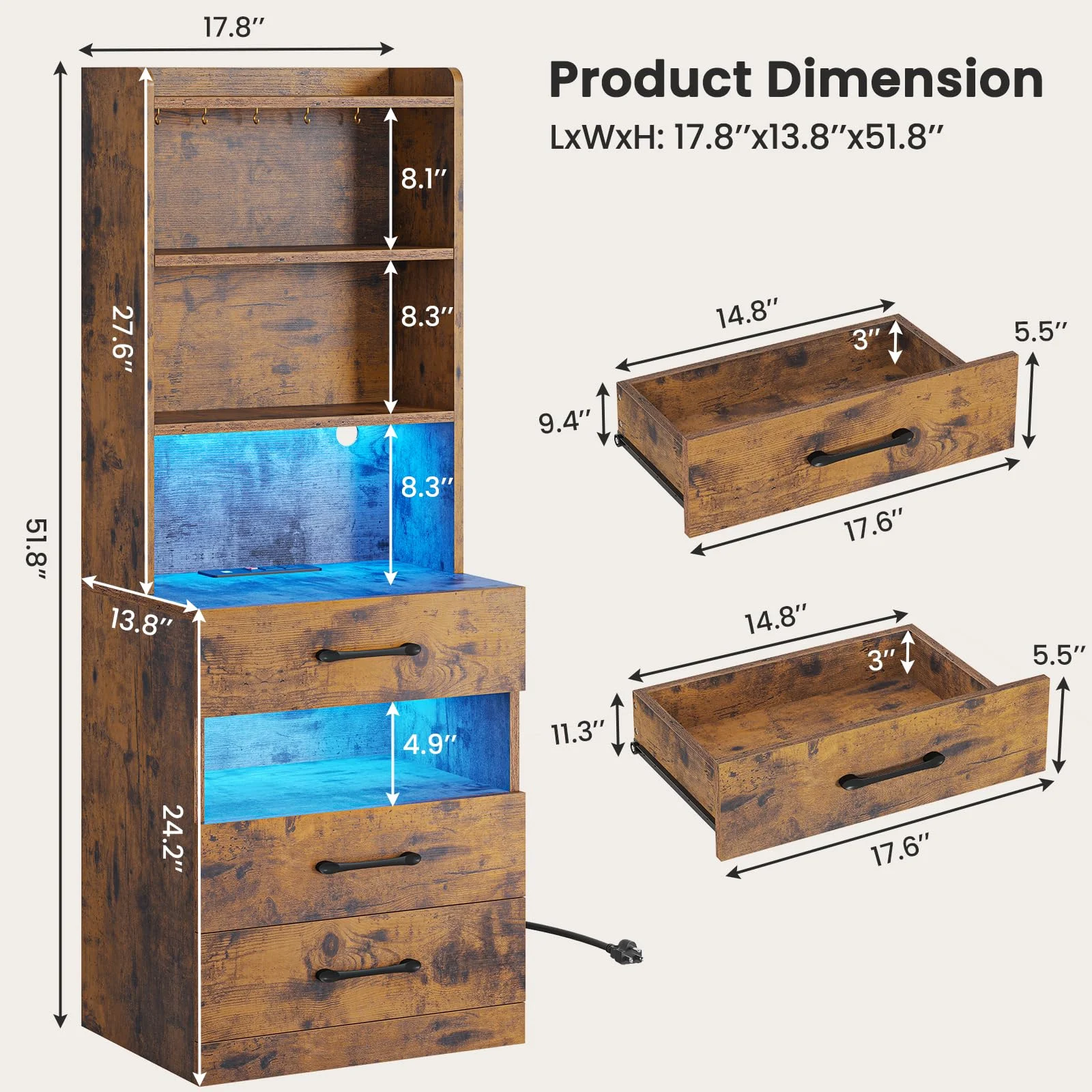 Tall Nightstand Set of 2 with Charging Station and LED Lights, Modern Bedside Table with Bookshelf and 3 Drawers, Rustic Brown
