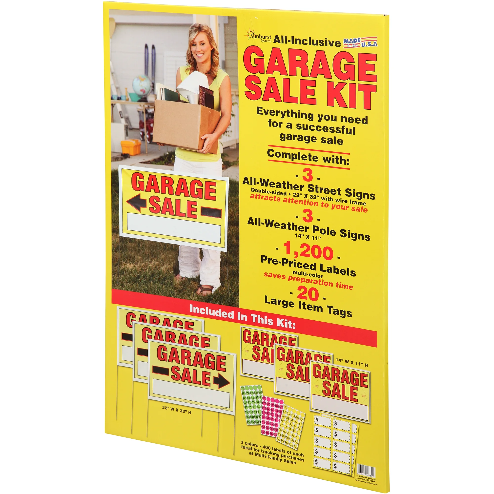 Sunburst Systems 3030 Garage Sale Sign Kit Includes: 3) Large Garage Sale Signs, 3) 11 x 14 Garage Sale Signs 1,200) Yellow, Pink & Green Price Stickers, and 20) Large Pricing Cards