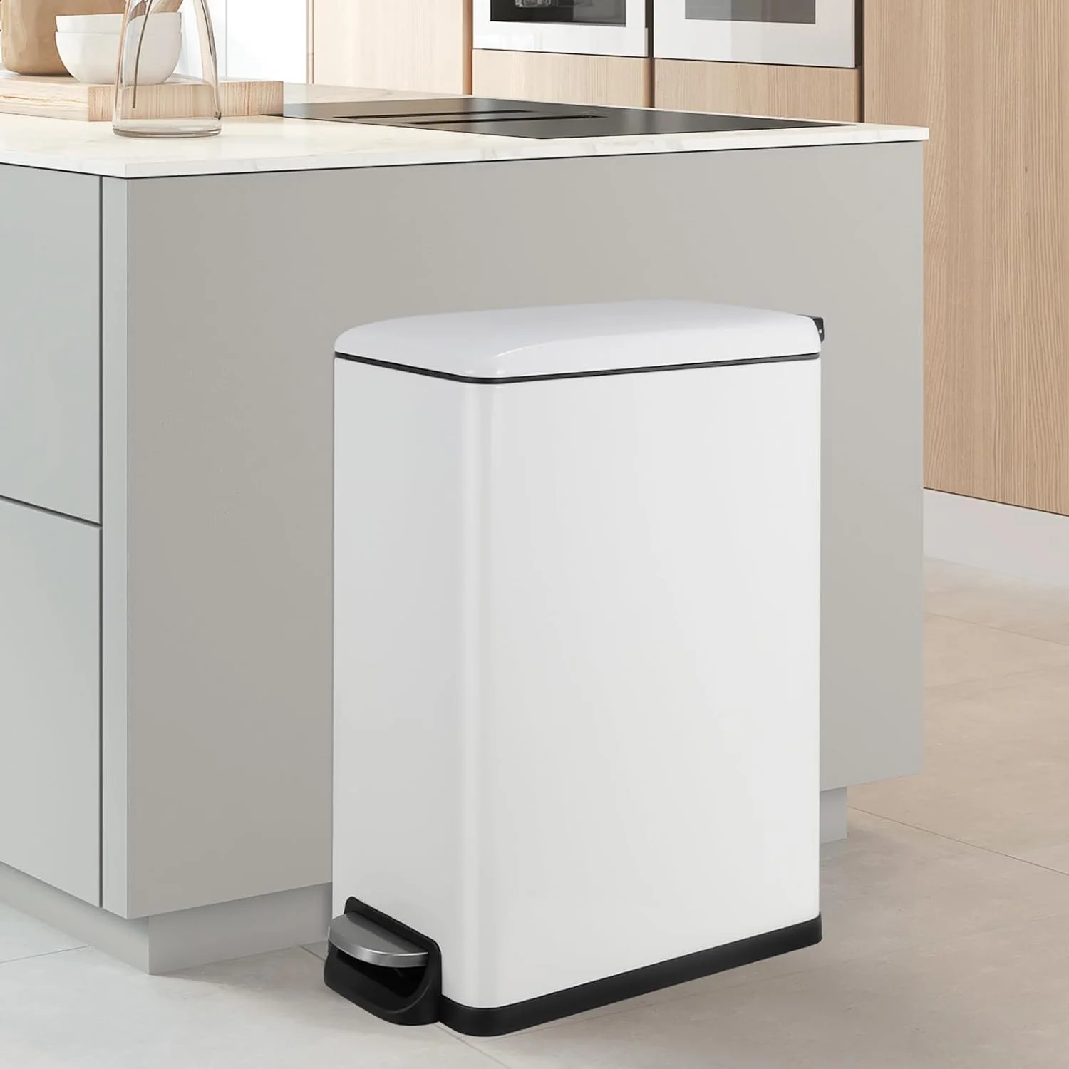 LAZY BUDDY Slim Trash Can, 13 Gallon Step Trash Bin with Lid 50 L Stainless Steel Garbage Can White Wastebin for Kitchen Bathroom