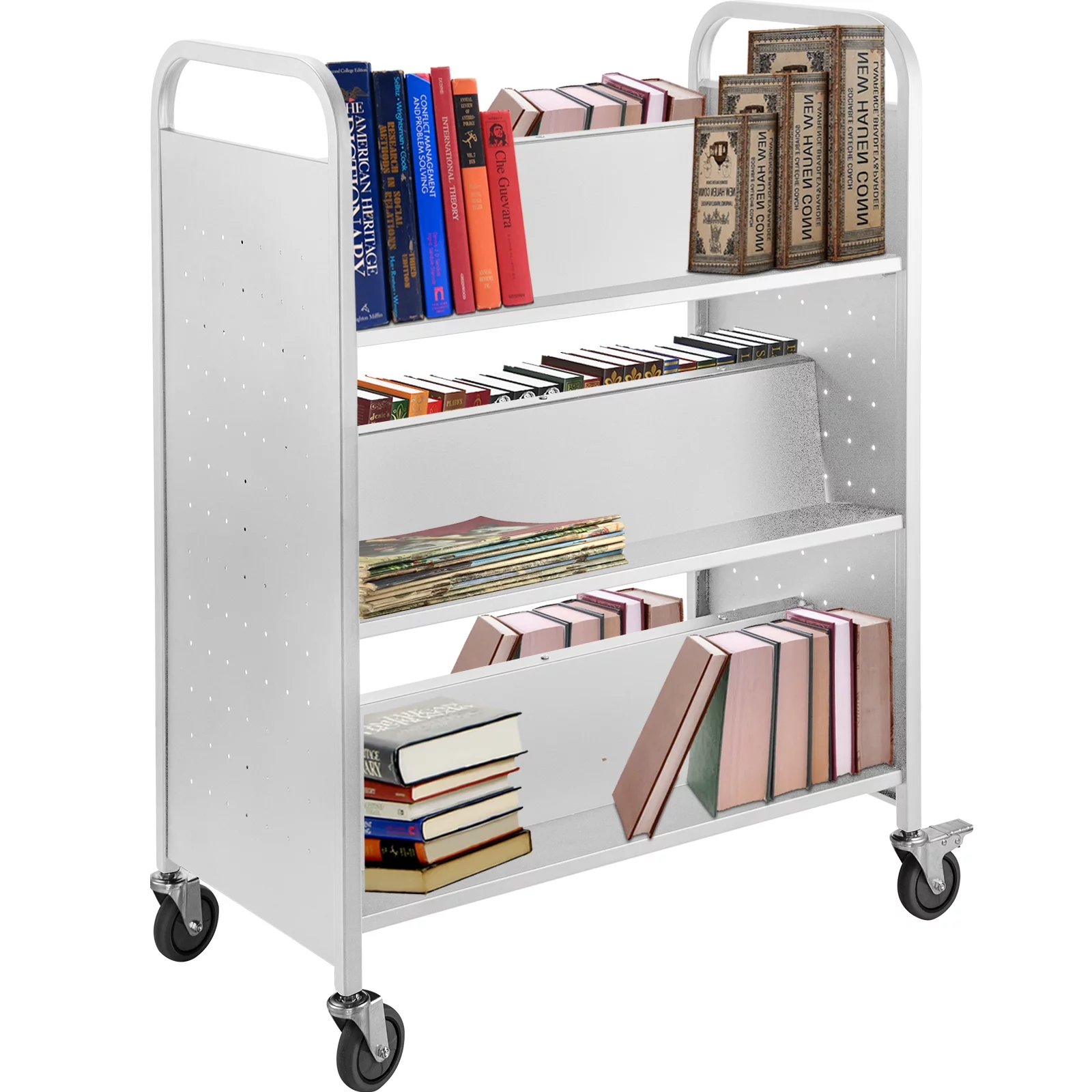 SKYSHALO 200LBS Book Cart, Library Cart 30x14x45 Inch, Rolling Book Cart Double Sided W-Shaped Sloped Shelves with 4-Inch Lockable Wheels, for Home Shelves Office and School Book Truck in White