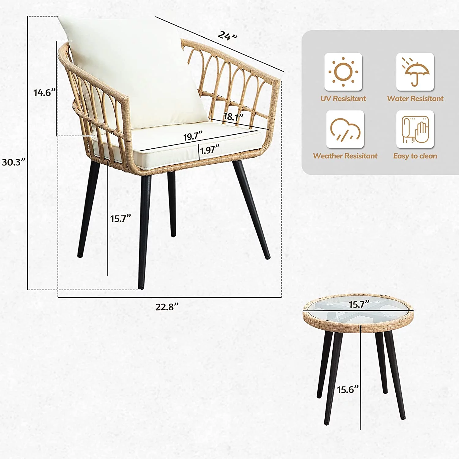FHFO 3 Pieces Wicker Bistro Sets, Outdoor Rattan Conversation Furniture with Soft Cushions and Glass Table for Patio,Backyard ,Balcony,Deck