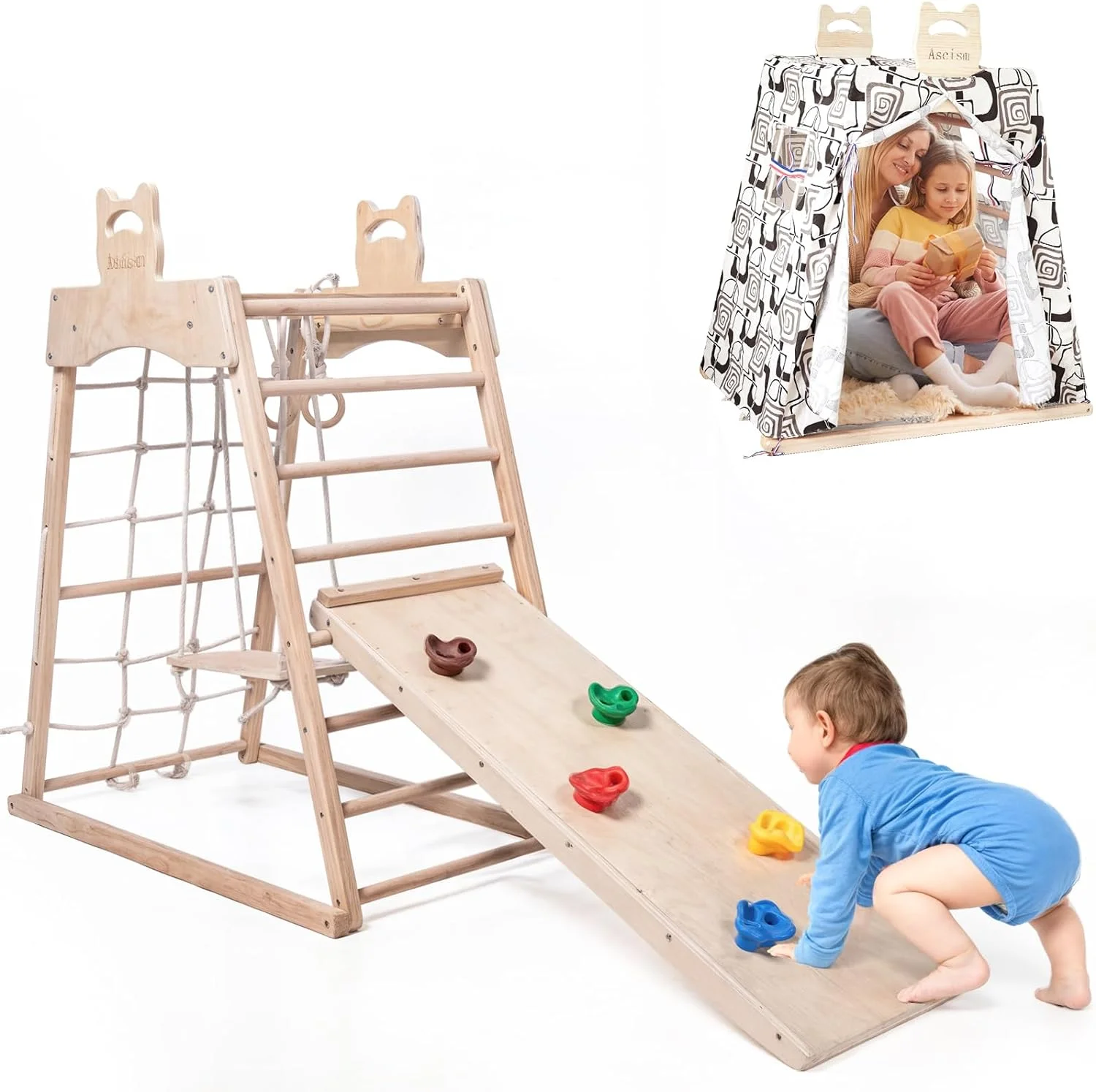 Jungle Gym Indoor (8 in 1) Wooden Indoor Playground, Toddler Wooden Climbing Toys, Montessori Playset, Gym with Slide, Climbing Net, Swing, Tent, Gymnastics Ring…
