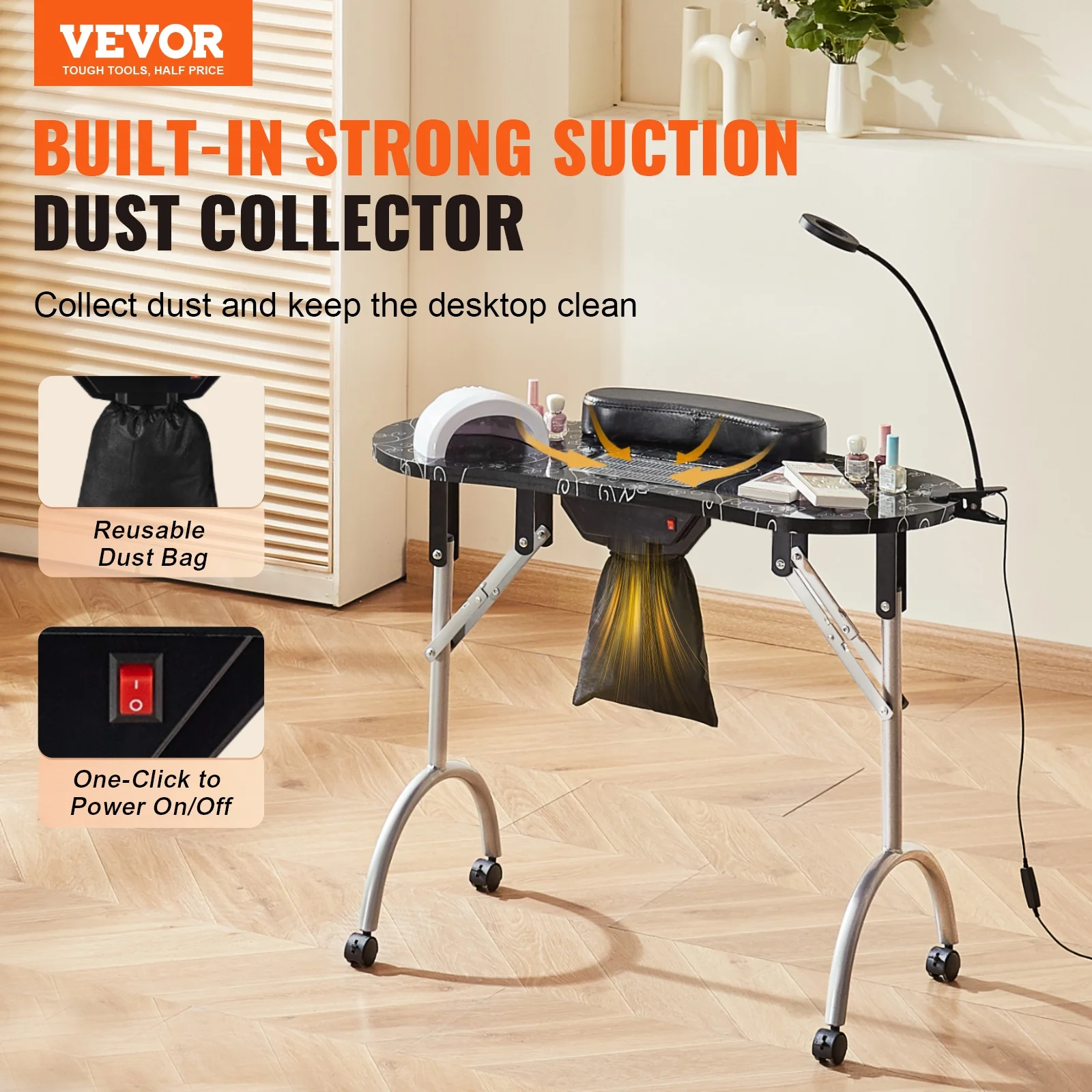 SKYSHALO Portable Manicure Table, Portable & Foldable Nail Desk Workstation with Electric Dust Collector, Moveable Nail Tech Desk & 4 Wheels, 3 Dust Bags, Bendable LED Lamp, MDF Nail Art Workstation
