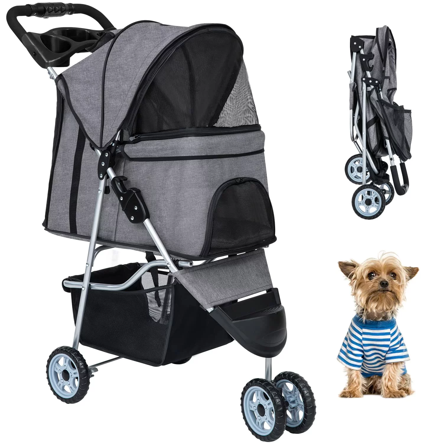 BestPet Pet Stroller Dog Cat Jogger Stroller Folding with Cup Holder (Grey, 3 Wheels)
