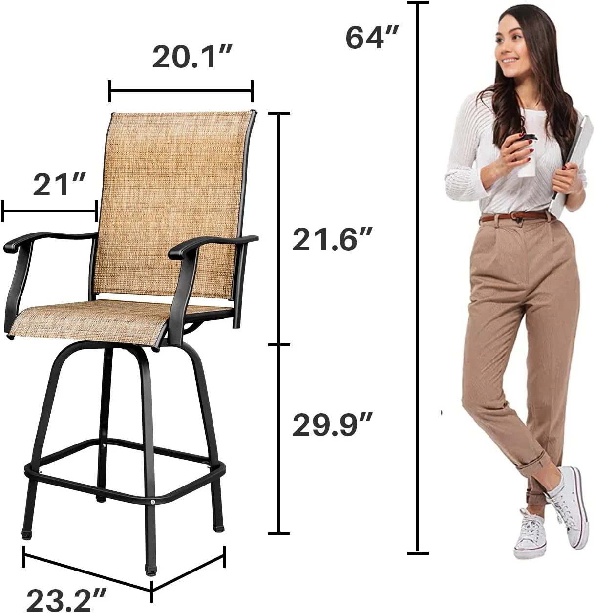 Patio Bar Stools Set of 2 All-Weather Outdoor Patio Furniture Set Counter Height Tall Patio Swivel Chairs for Bistro, Lawn, Garden, Backyard