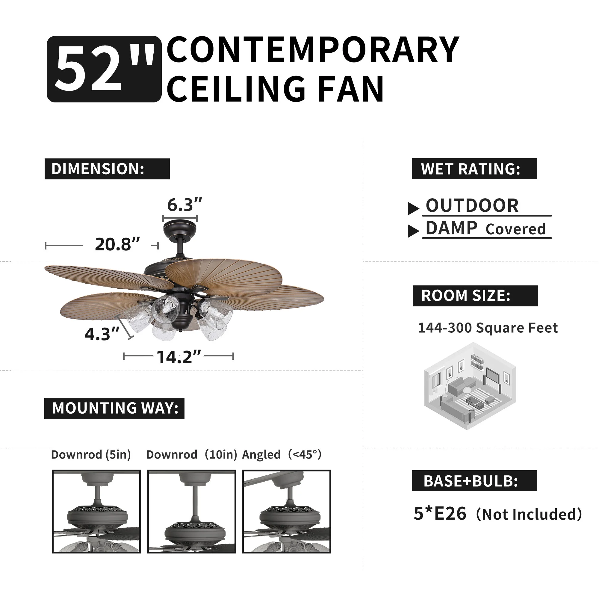 Dextrus 52in Tropical Ceiling Fans with Light and Remote, 5 Palm Leaf Blades, 3 Speed, Timer - Black & Brown