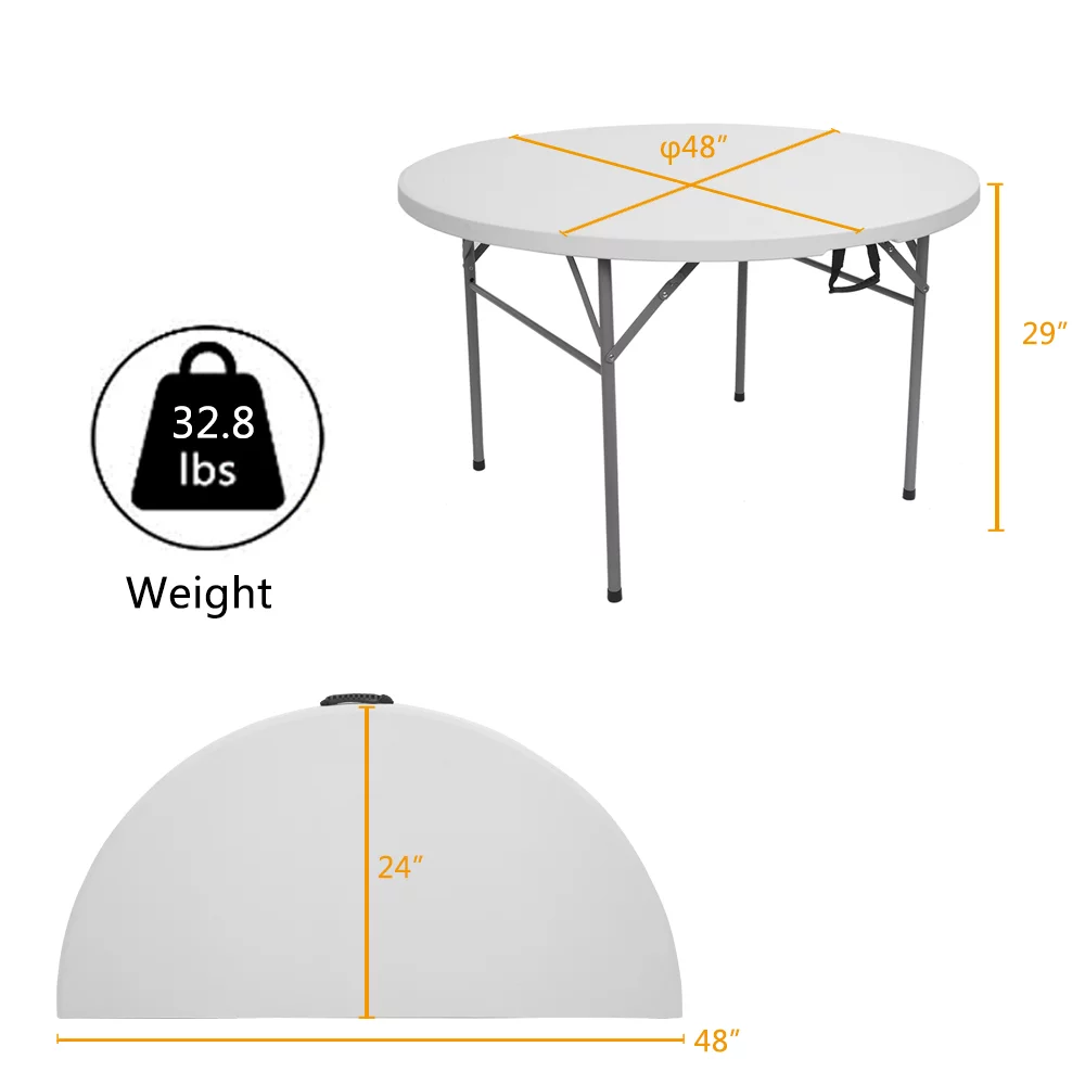Patio Dining Table 48 Inch Fold-in-Half Round Folding Table Indoor Outdoor Utility Table with 4 Steel Feet,Carrying Handle,White