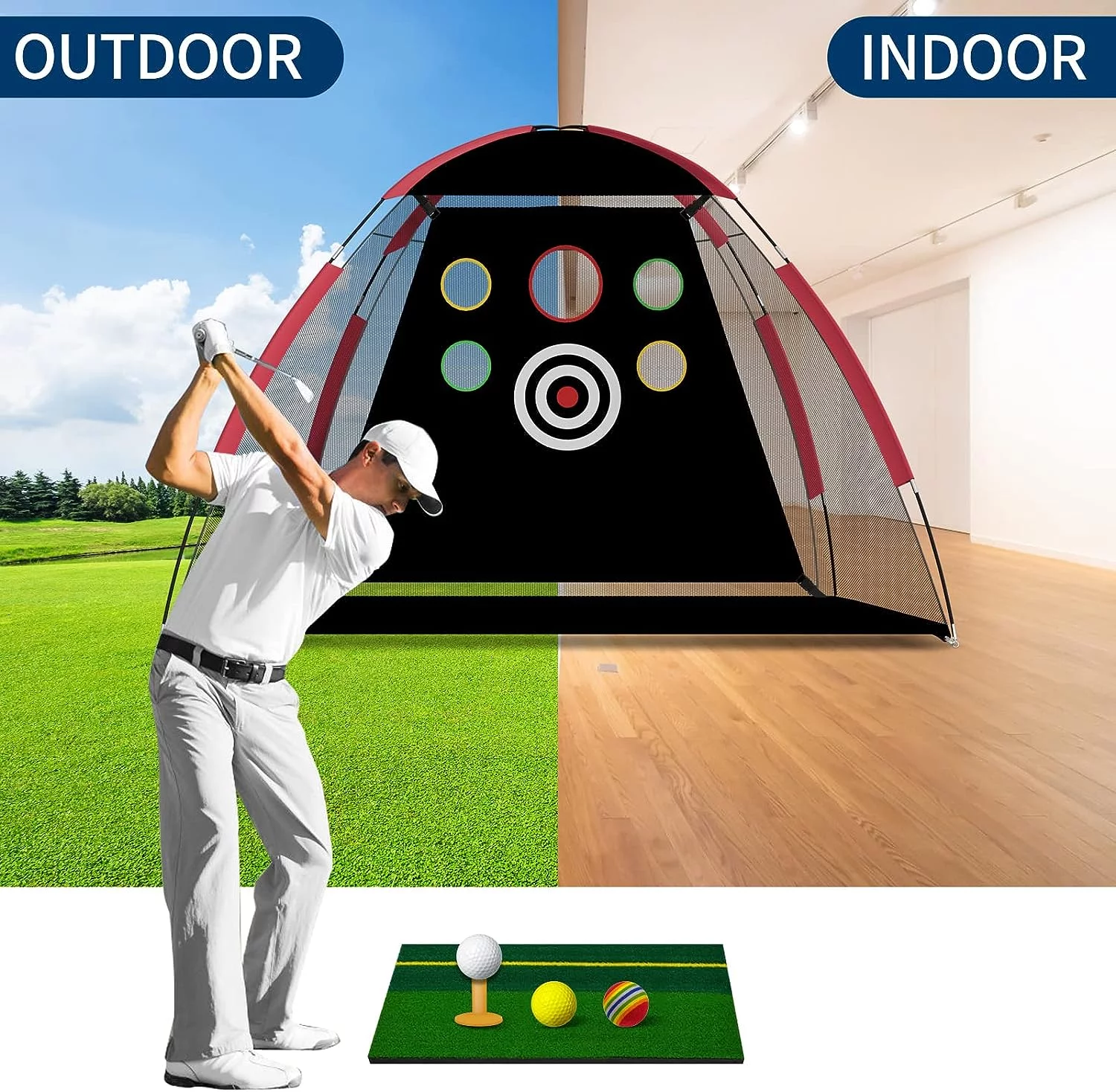 Slsy Golf Net Golf Practice Net with Target/Mat/Balls/Tee/Bag, 10x7ft Golf Hitting Aids Nets for Backyard Driving Chipping, Home Golf Swing Training