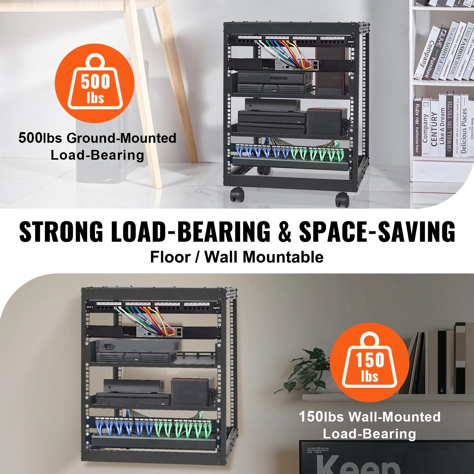 BENTISM 12U Open Frame Server Rack, 15''-40'' Adjustable Depth, Free Standing or Wall Mount Network Server Rack, 4 Post AV Rack with Casters