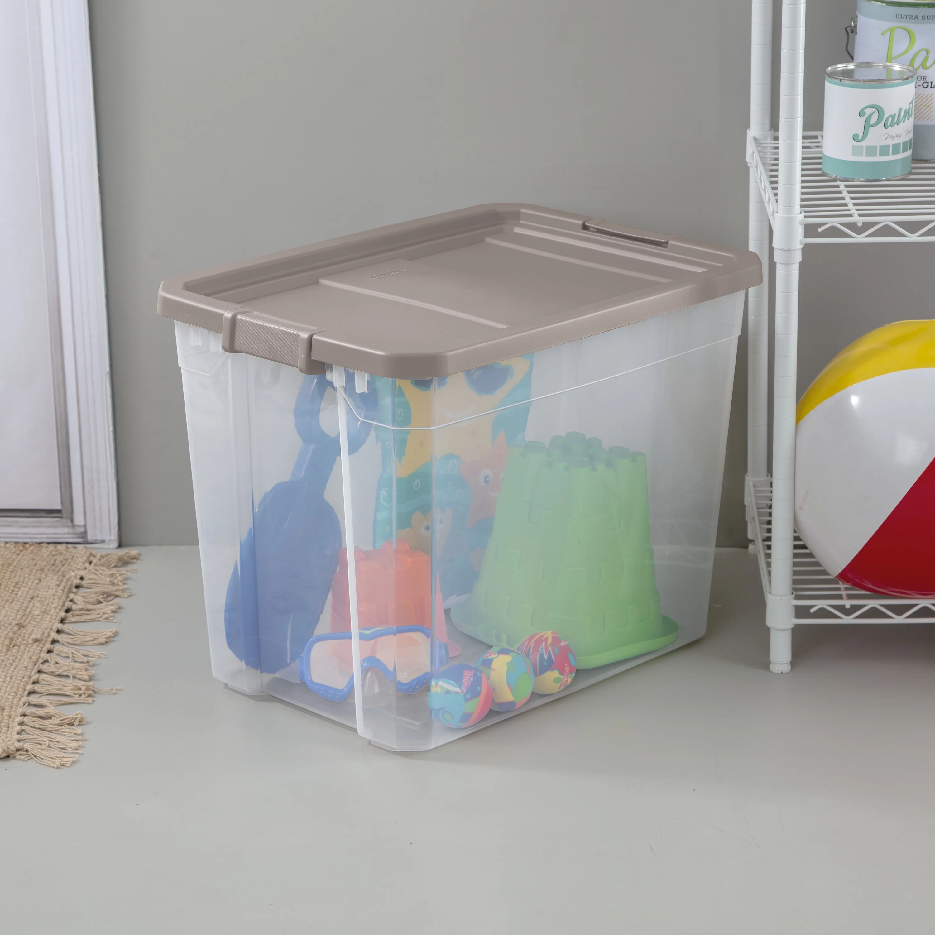 Sterilite Plastic 108 Qt. Stacker Box Taupe Splash Set of 4