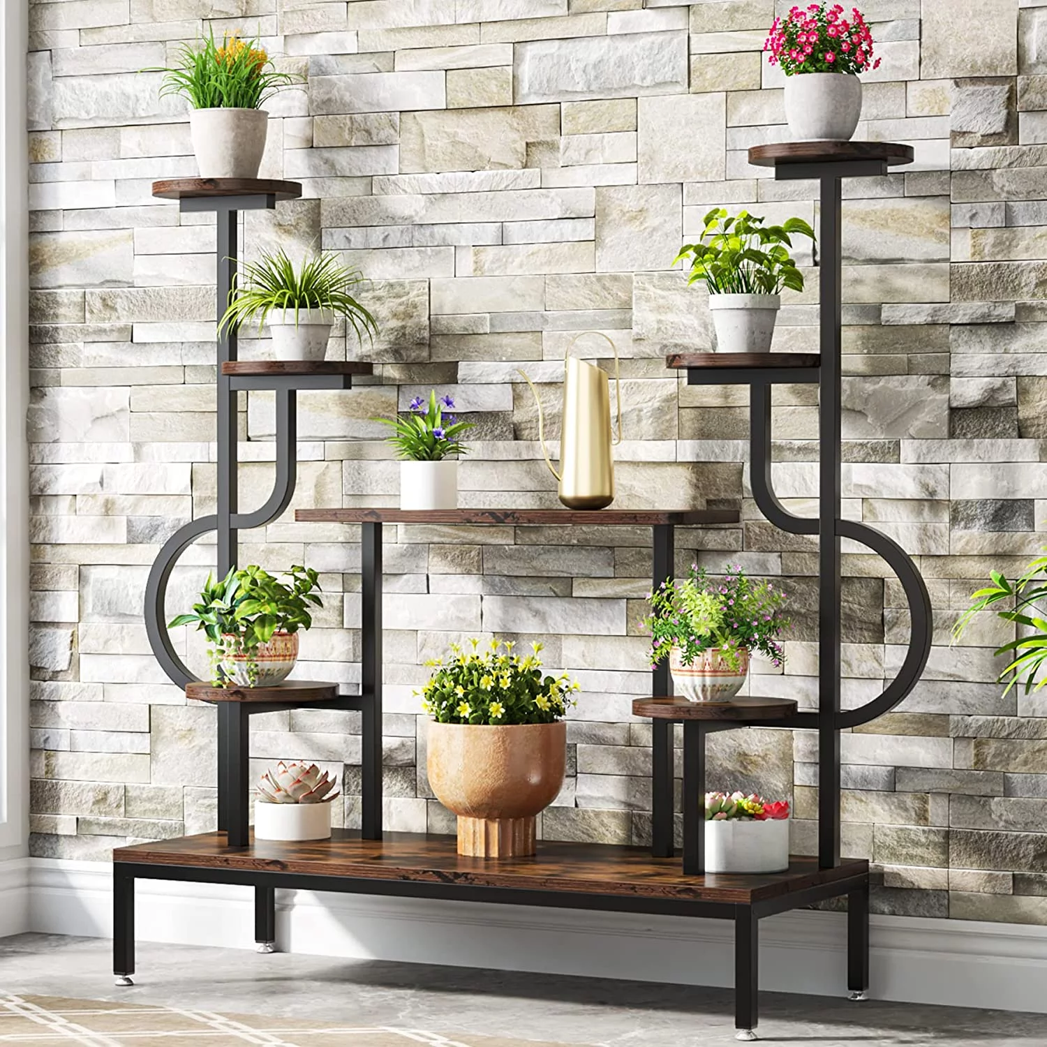 Tribesigns 8-Tier Indoor/Outdoor Metal Plant Stand, Wood Potted Ladder Flower Rack, Rustic Brown