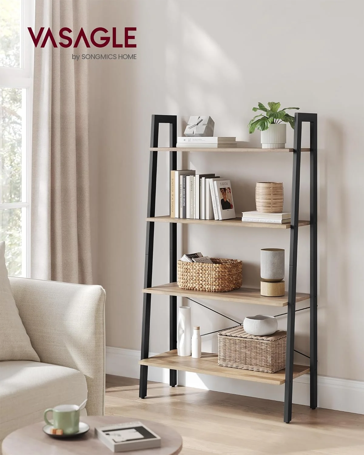 U-SHARE Ladder Shelf, 4-Tier Bookshelf, Storage Rack, Bookcase with Steel Frame, for Living Room, Home Office, Kitchen, Bedroom, Industrial Style, Camel Brown and Black ULLS144B50
