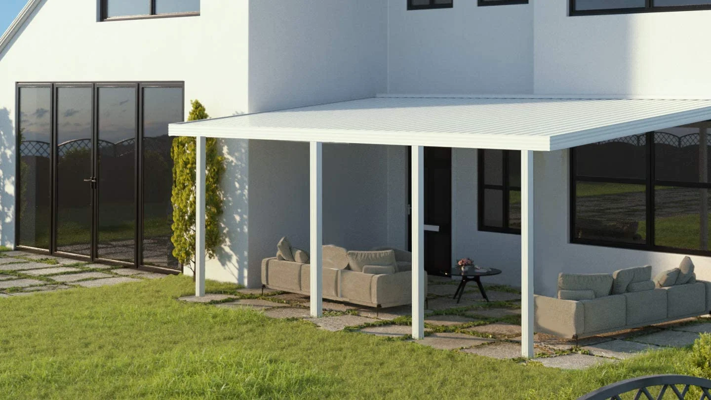 Four Seasons OLS Optima 22 ft wide x 12 ft deep Aluminum Patio Cover with 40lb Snowload & 4 Posts in White