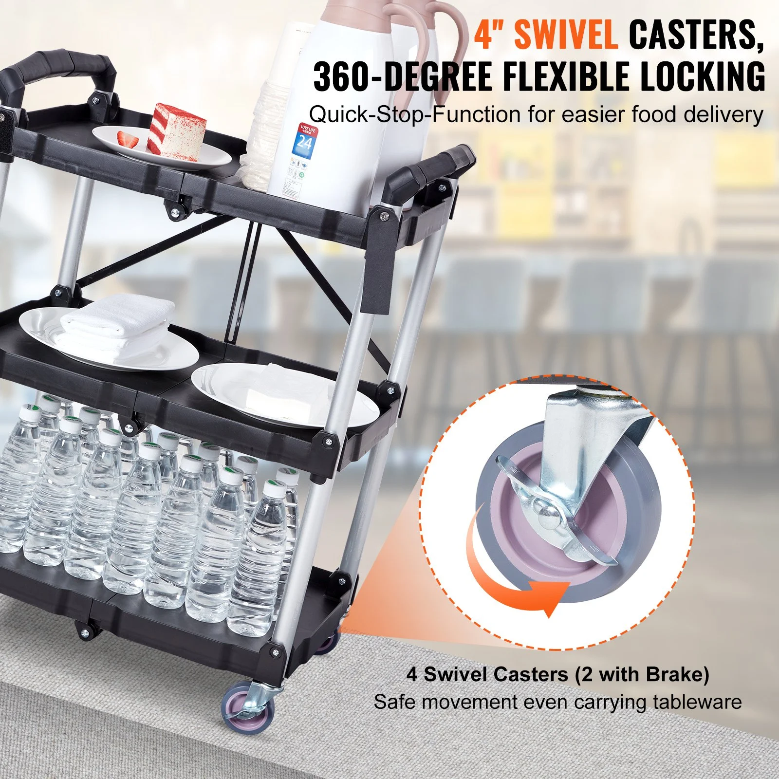 EVOR 3-Shelf Rolling Utility Cart - 165LBS Capacity, Foldable, Lockable Wheels, for Warehouse, Office, Home - 25.6x15.4x32.8 inches