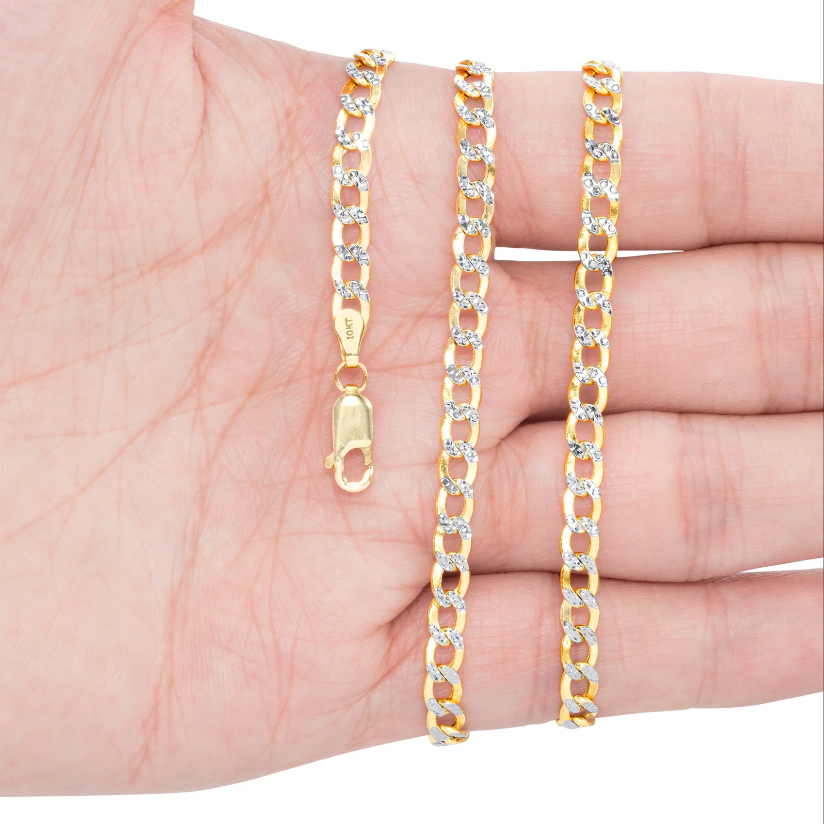 Nuragold 10k Yellow Gold 4.5mm Cuban Chain Curb Link Diamond Cut Pave Two Tone Bracelet, Mens Womens Jewelry 7