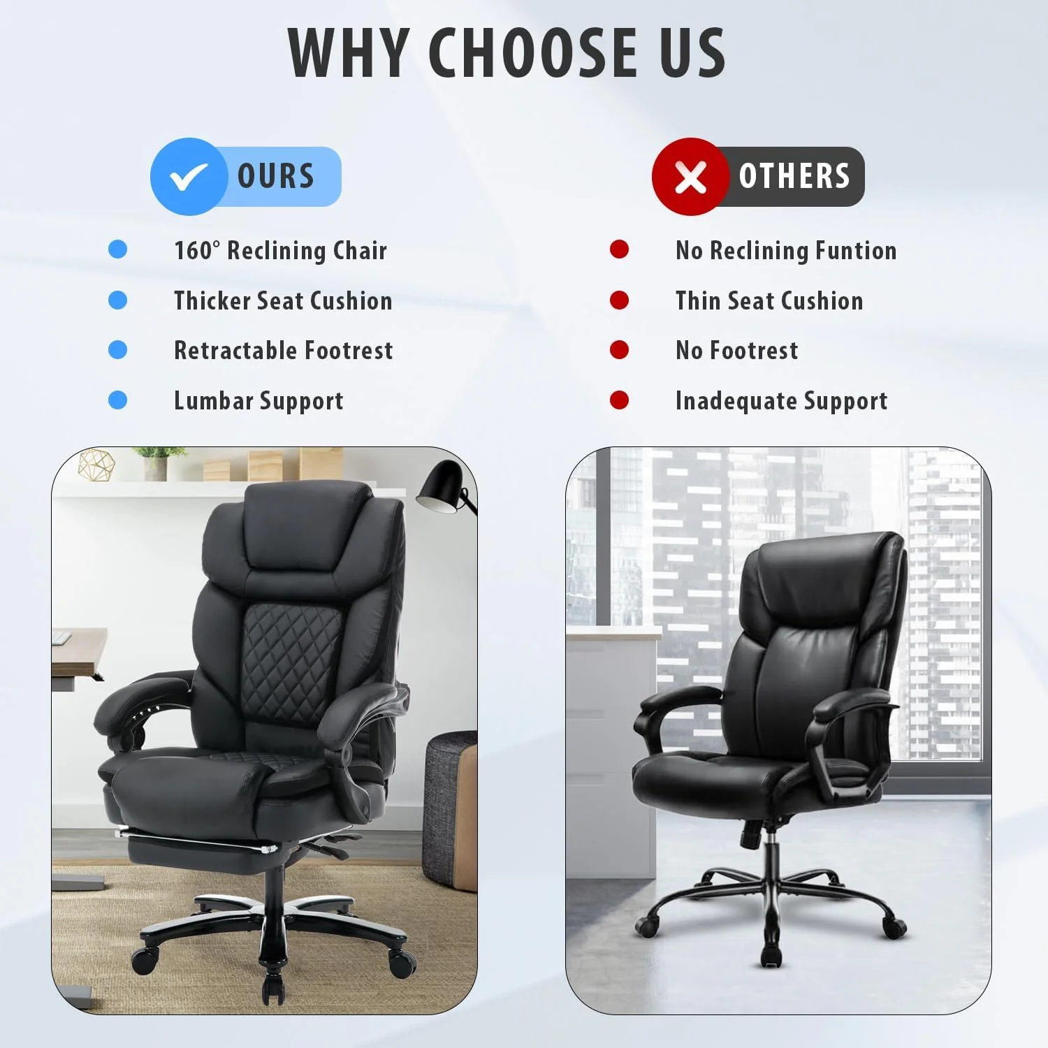 450lbs Big and Tall Reclining Office Chairs with Footrest & Lumbar Support, PU Leather Ergonomic Managerial Executive Chair with Wheels, Plus Size Recliner Desk Chair (Grey)