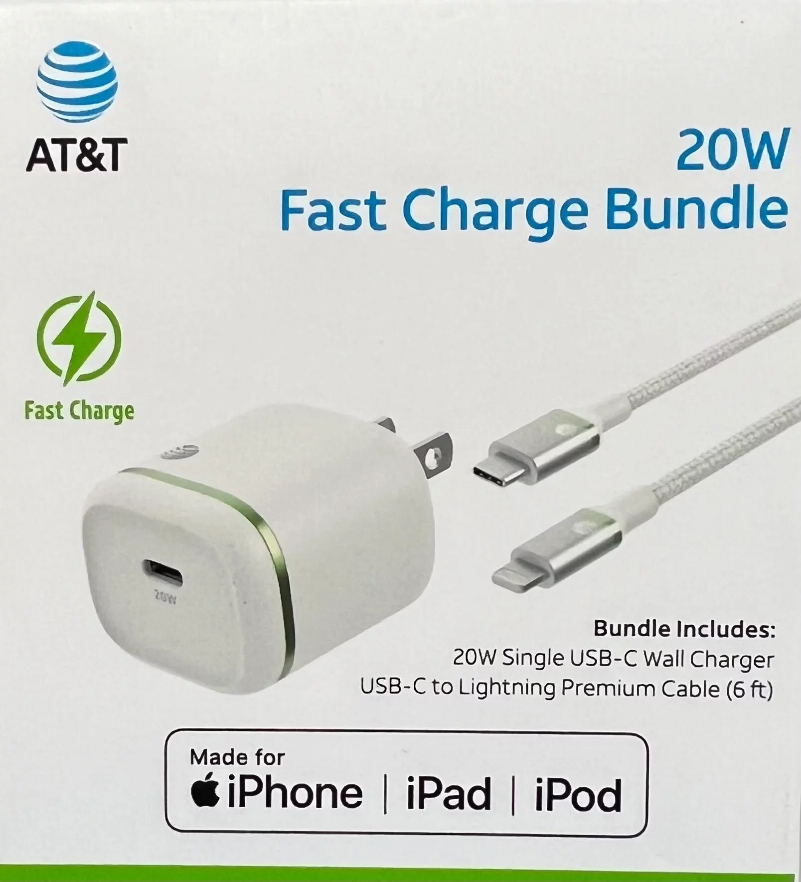 AT&T Fast Charge Bundle Lightning Cable with 20W USB-C Power Delivery Wall Block - White