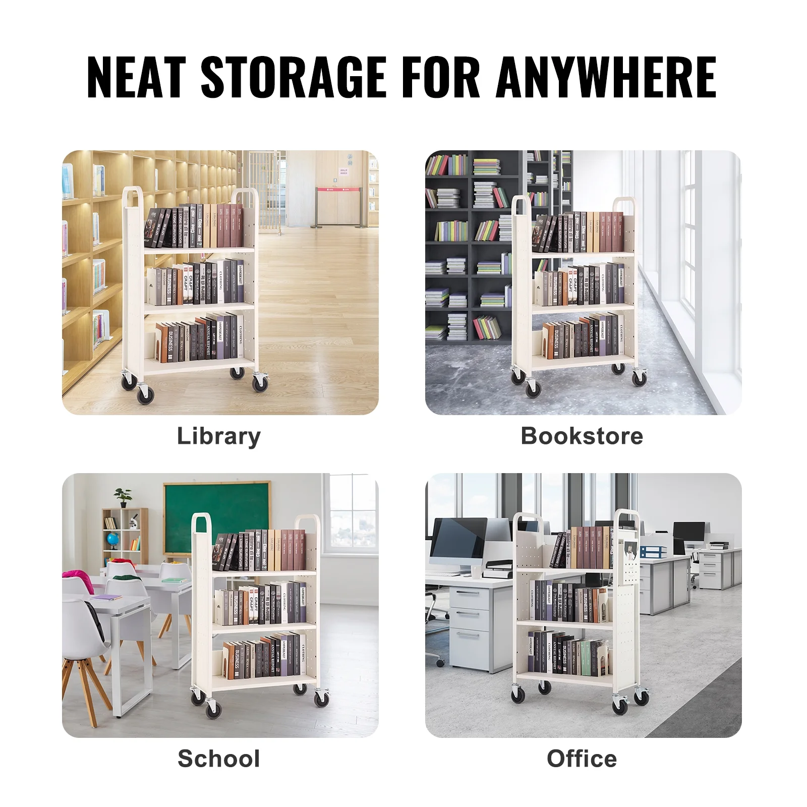 SKYSHALO Book Cart Library Cart 330 lbs Capacity with L-Shaped Shelves in White