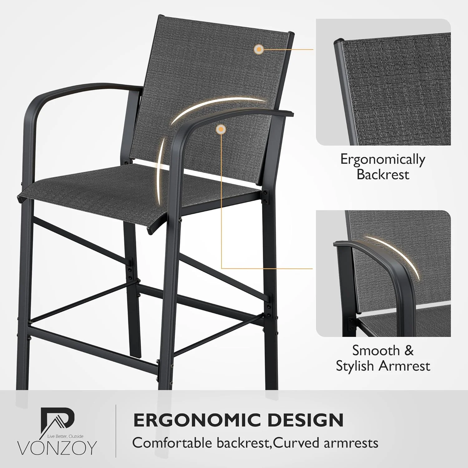 UDPATIO Patio Bar Chairs Set of 2, Outdoor Bar Height Stools, Metal Frame Textilene Tall Barstool with Backs Armrest, High Top Seating for Porch, Deck, Garden, Backyard, Pool, Grey