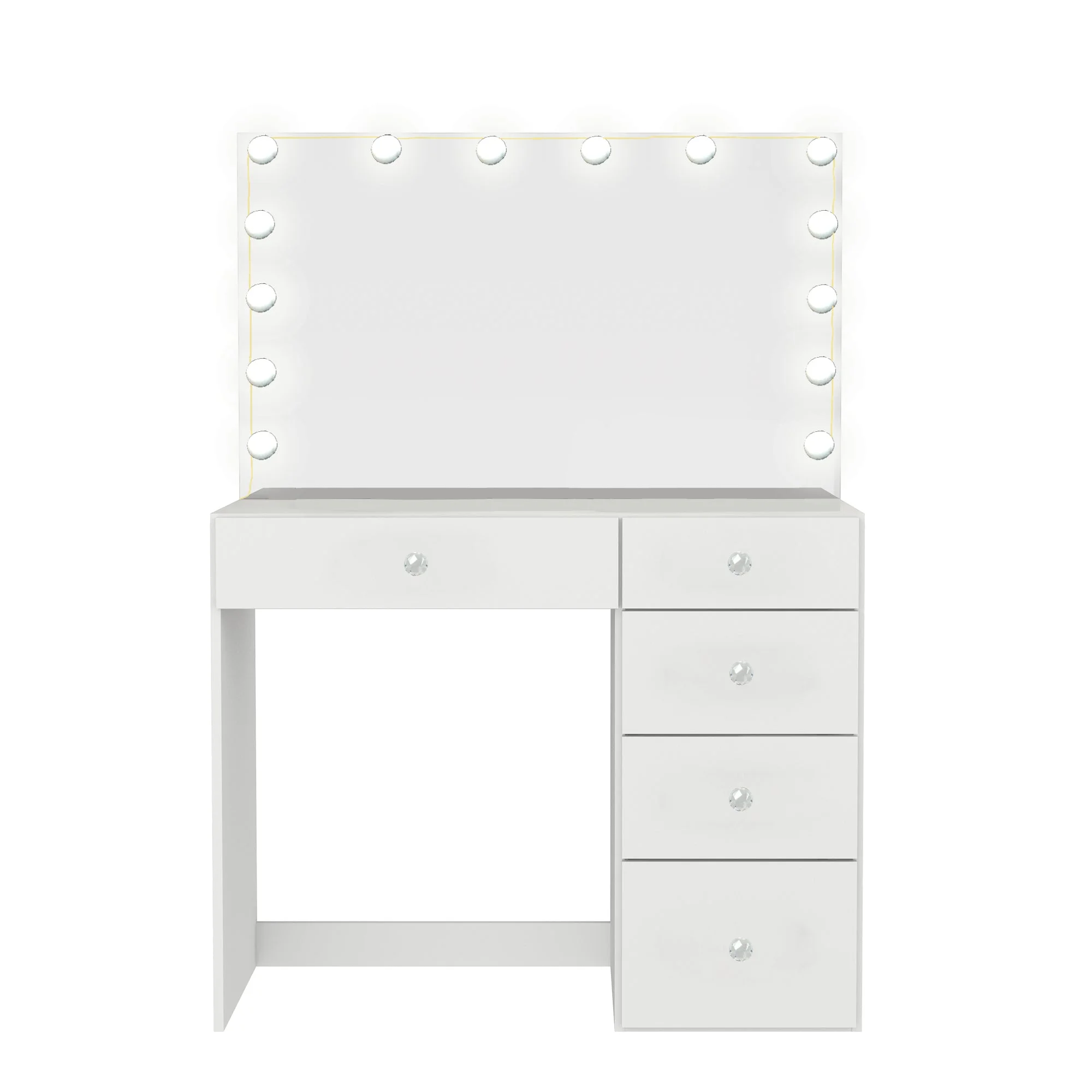 Boahaus Amelia PRO Modern Vanity Desk with 5 Drawers, Lights, Crystal Ball Knobs, Wide Mirror, White