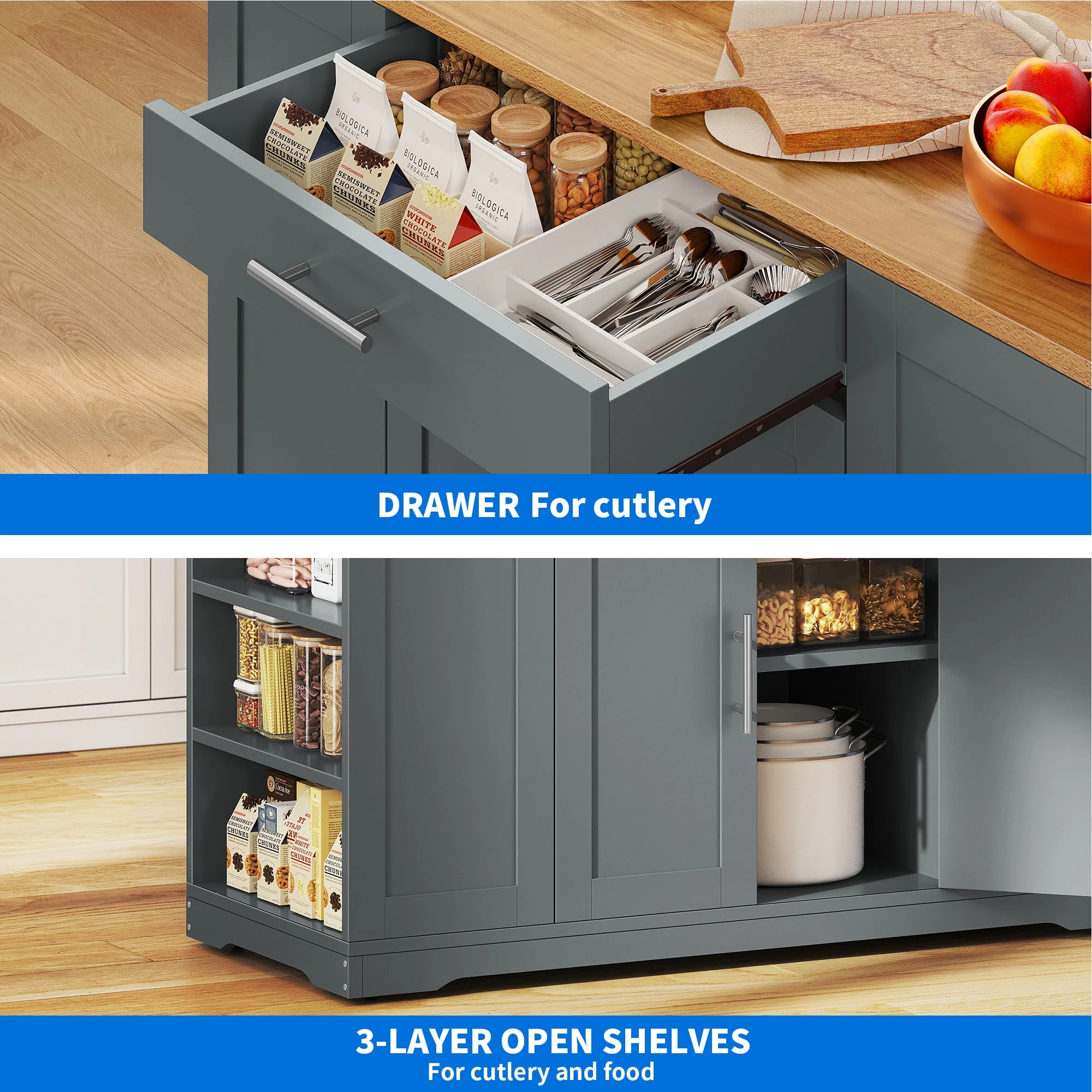 Dextrus Kitchen Island Cart with Trash Can Storage Cabinet, Rolling Kitchen Island Storage with Wheels and Drawers for 13-Gallon Trash Bin, Gray