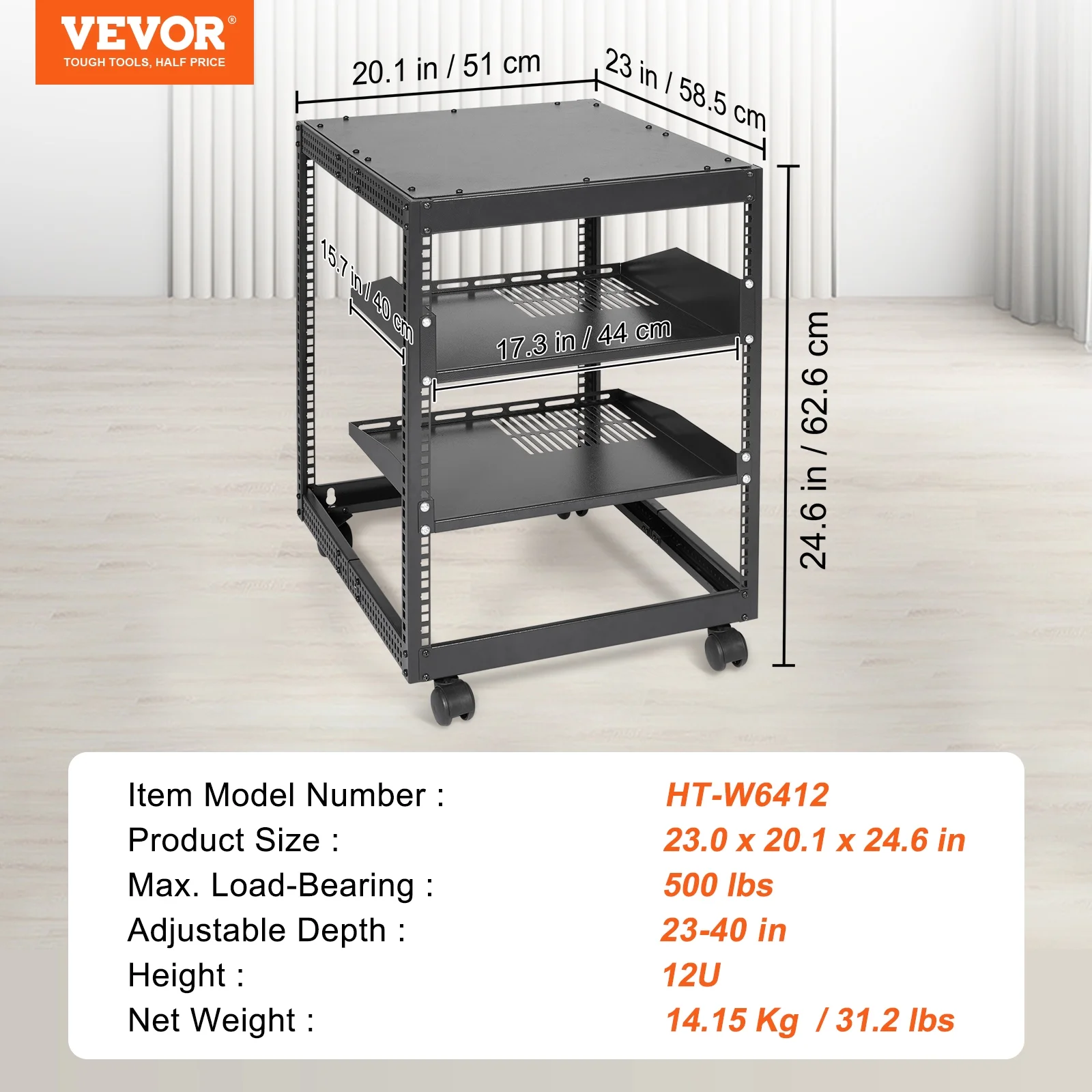 BENTISM 12U Open Frame Server Rack, 15''-40'' Adjustable Depth, Free Standing or Wall Mount Network Server Rack, 4 Post AV Rack with Casters