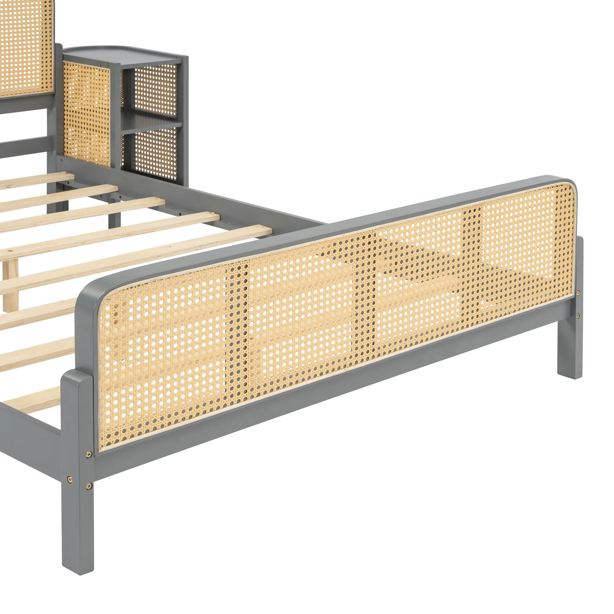Churanty 3 Pieces Rattan Platform Bed Full Size Set with 2 Nightstands,Boho Bed Frame Full with Rattan Headboard and Footboard,Gray