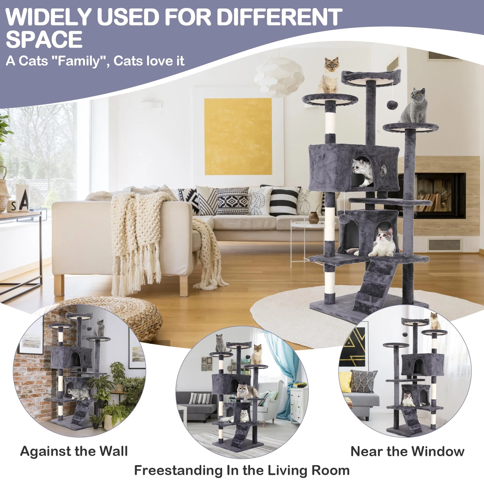 CL.HPAHKL 54In Cat Tree Tower for Large Cats, Cat Climbing Tower Cat Scratching Tree with Cat Scratching Stand, Big Cat Tree House Funny Toys for Kittens Pet(Ashy)