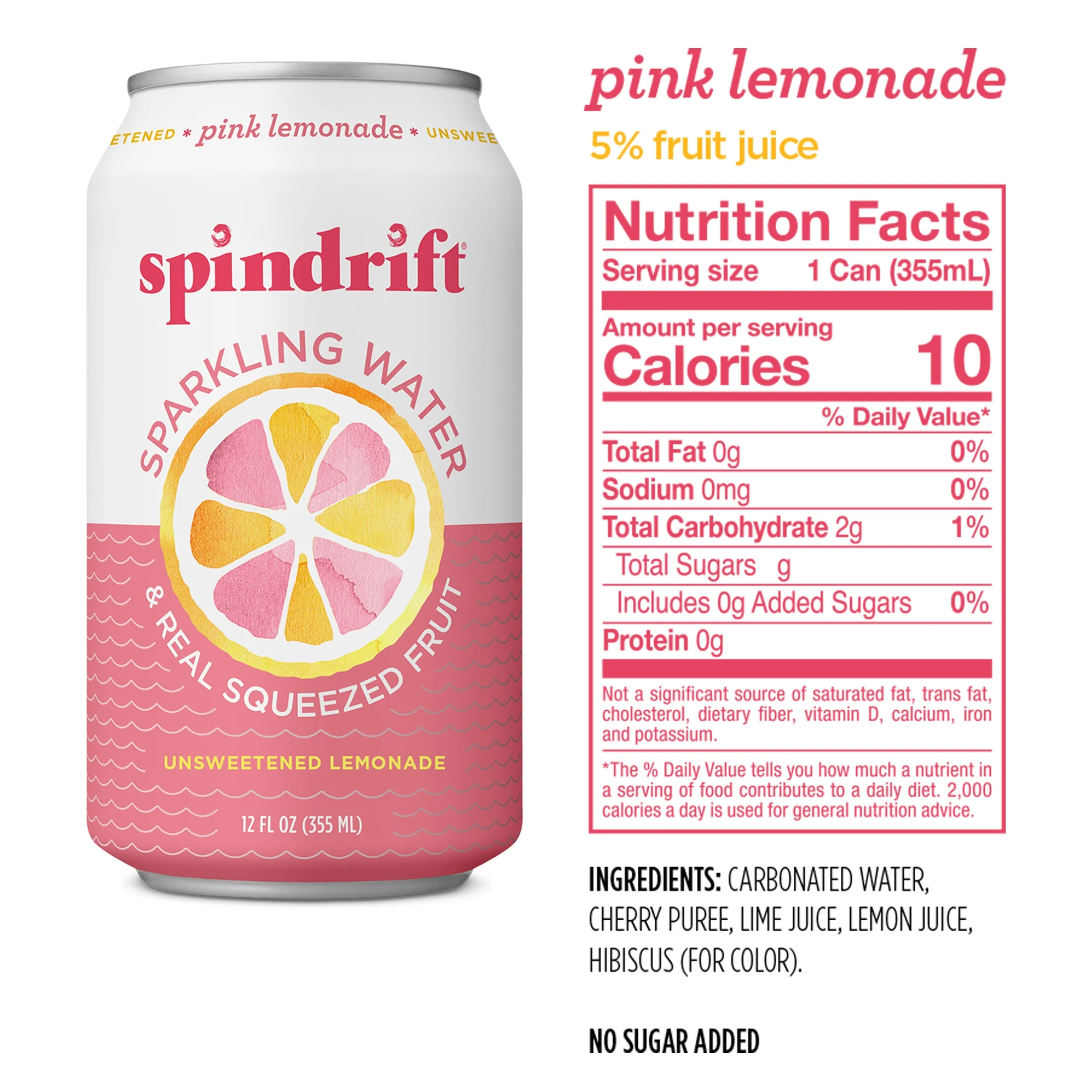 Spindrift Sparkling Water, Pink Lemonade, Made with Real Squeezed Fruit, 12 fl oz, No Sugar Added, 10 Calories per Can