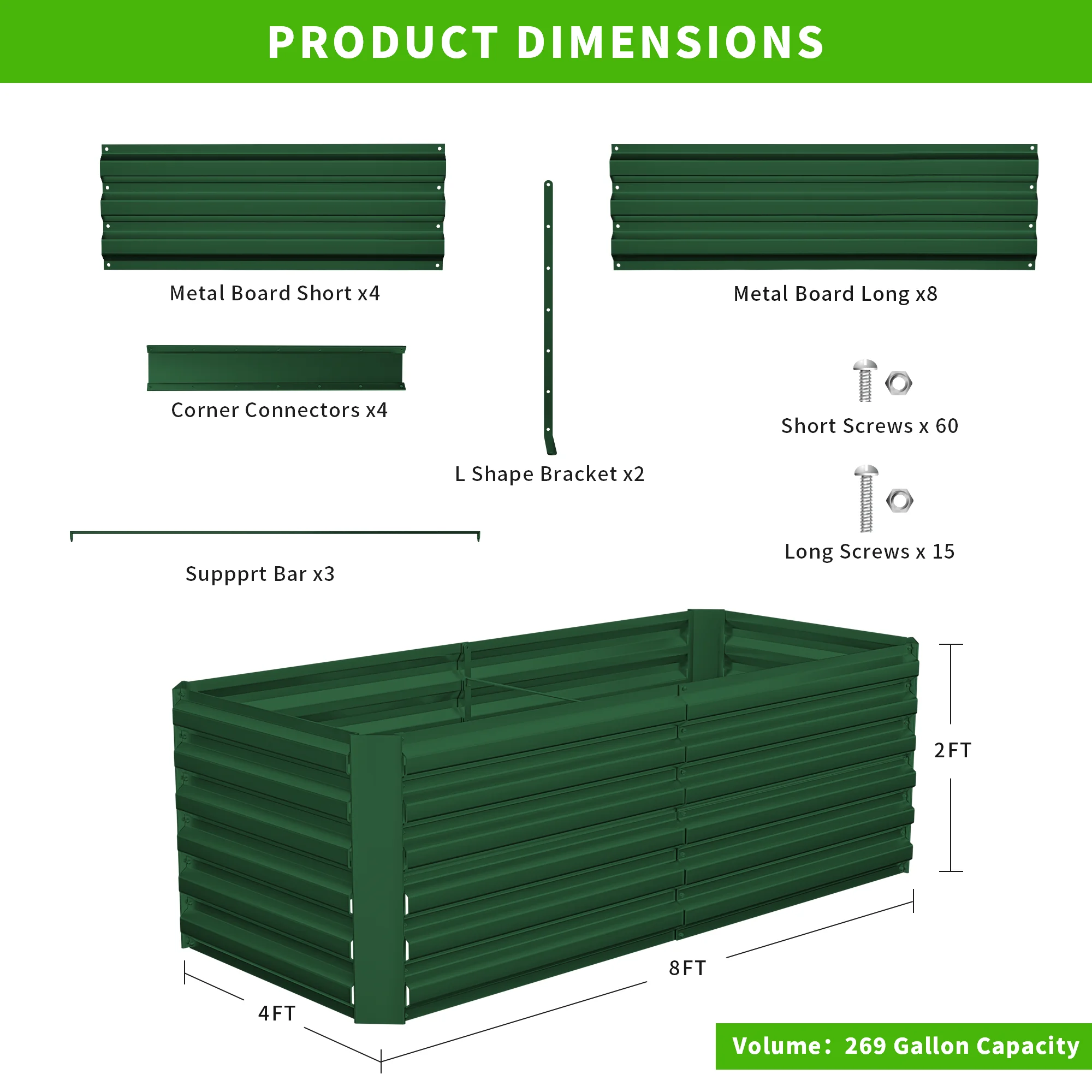 Outdoor Metal Raised Garden Bed,8x4x2ft Planter Box for Vegetables,Flowers,Herbs w/478 Gallon Capacity, Green