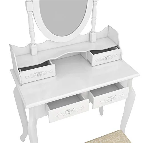 EEBUIHUI Vanity Set with 4-Drawer 360-Degree Rotation Removable Mirror Dresser, Makeup Vanity Table with Stool, Vanity Desk for Bedroom Large Storage Makeup Desk (White12)