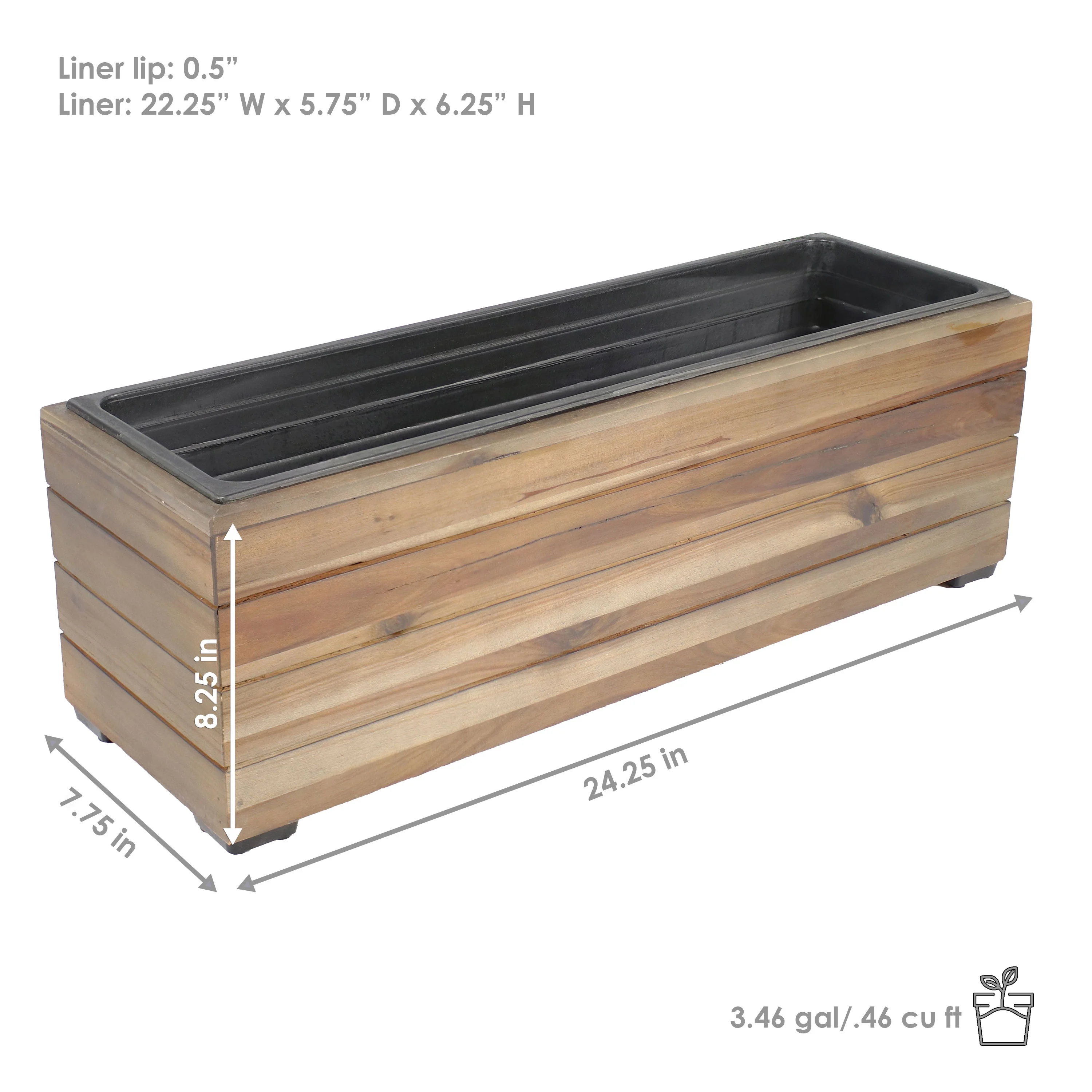 Sunnydaze Rectangular Wood Planter Box with Plastic Liner - Anthracite Stain