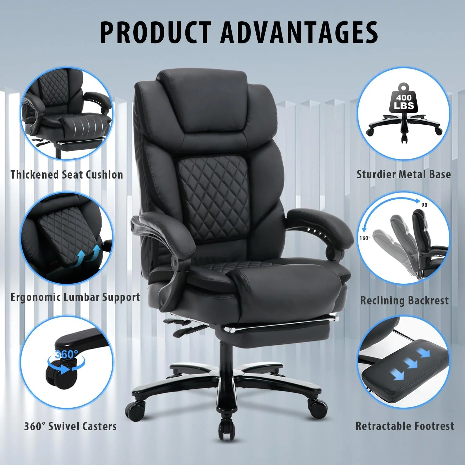 450lbs Big and Tall Reclining Office Chairs with Footrest & Lumbar Support, PU Leather Ergonomic Managerial Executive Chair with Wheels, Plus Size Recliner Desk Chair (Grey)