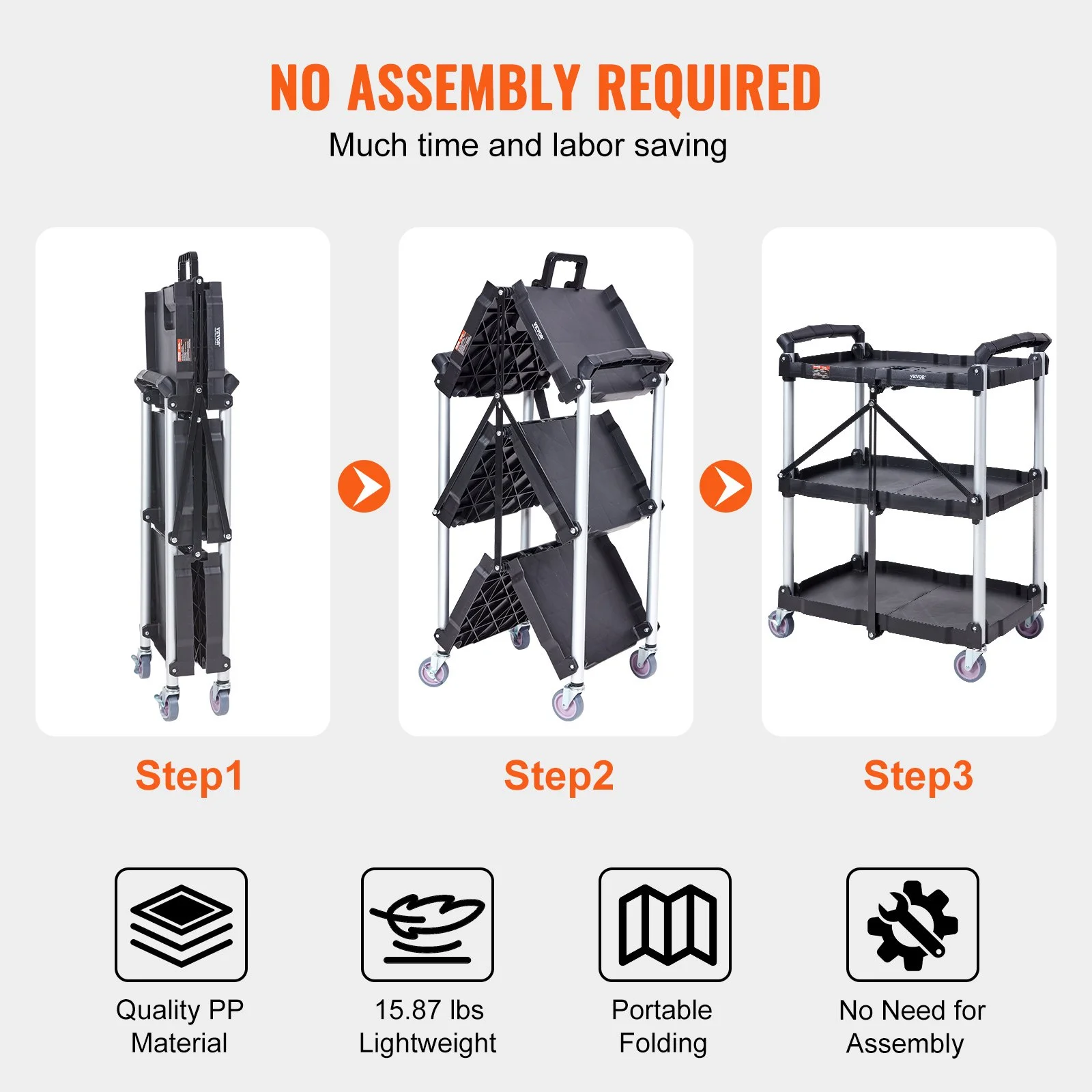 EVOR 3-Shelf Rolling Utility Cart - 165LBS Capacity, Foldable, Lockable Wheels, for Warehouse, Office, Home - 25.6x15.4x32.8 inches