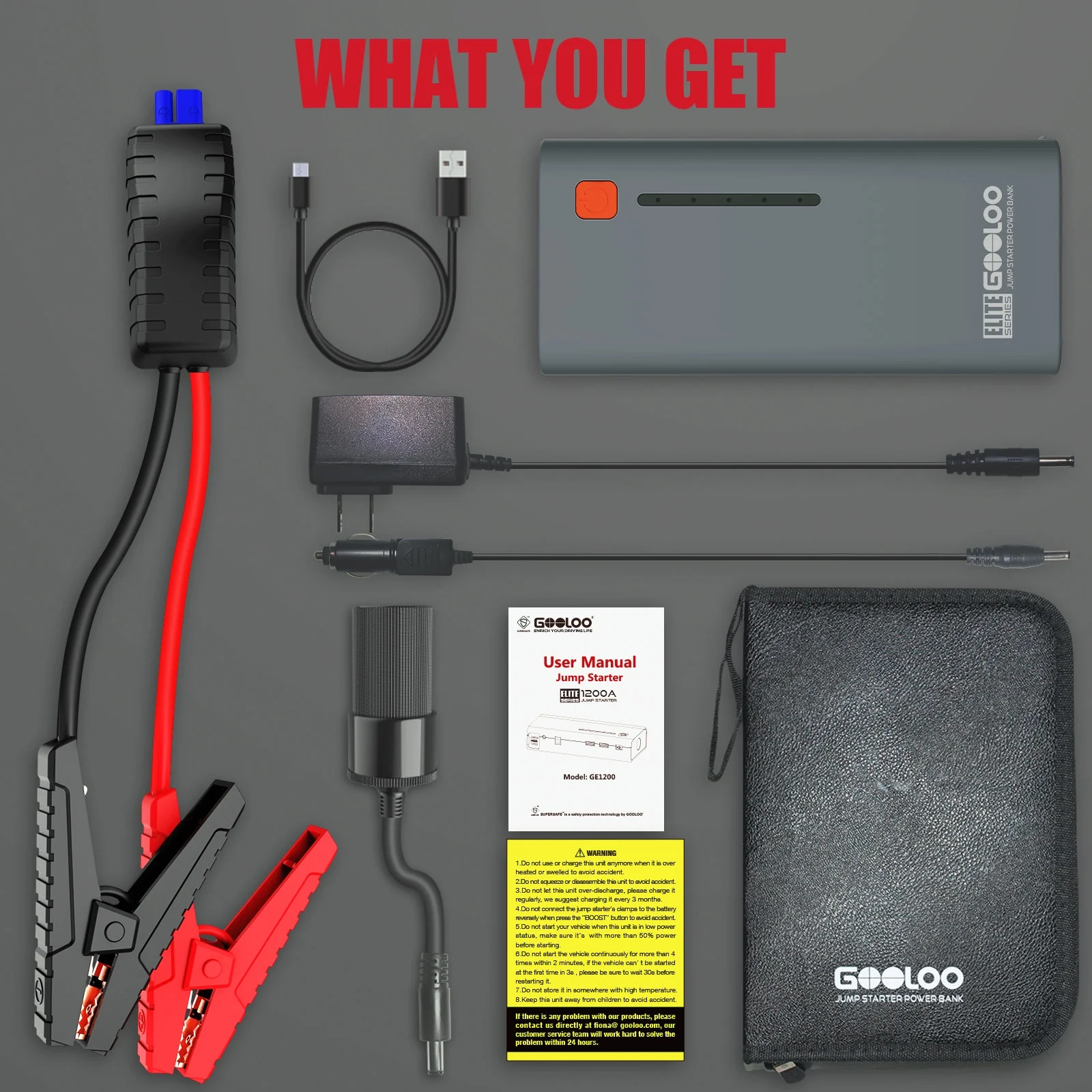 GOOLOO Car Jump Starter, GE1200 1200A Peak Jump Pack with Wall Charger(up to 7.0L Gas and 5.5L Diesel Engine), Portable 12V Lithium Car Battery Booster Box