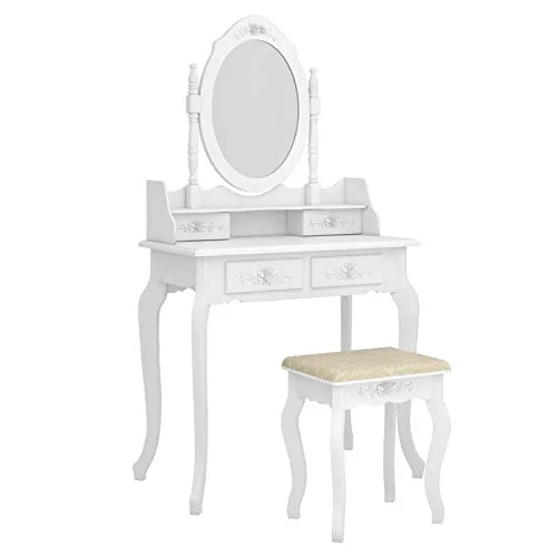 EEBUIHUI Vanity Set with 4-Drawer 360-Degree Rotation Removable Mirror Dresser, Makeup Vanity Table with Stool, Vanity Desk for Bedroom Large Storage Makeup Desk (White12)