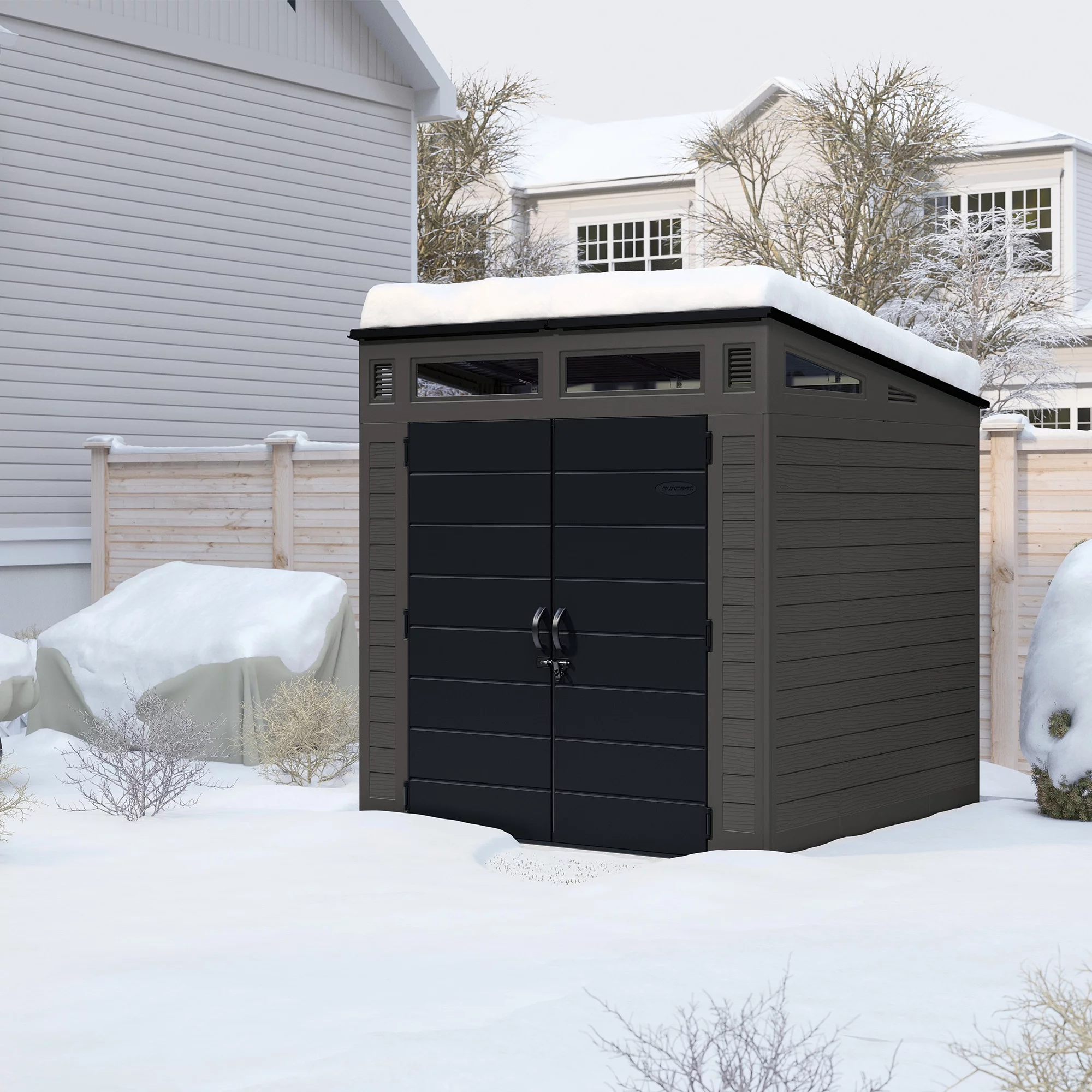 Suncast Resin Modernist Outdoor Storage Shed, Black and Gray, 86.5 in D x 89.5 in H x 87.5 in W