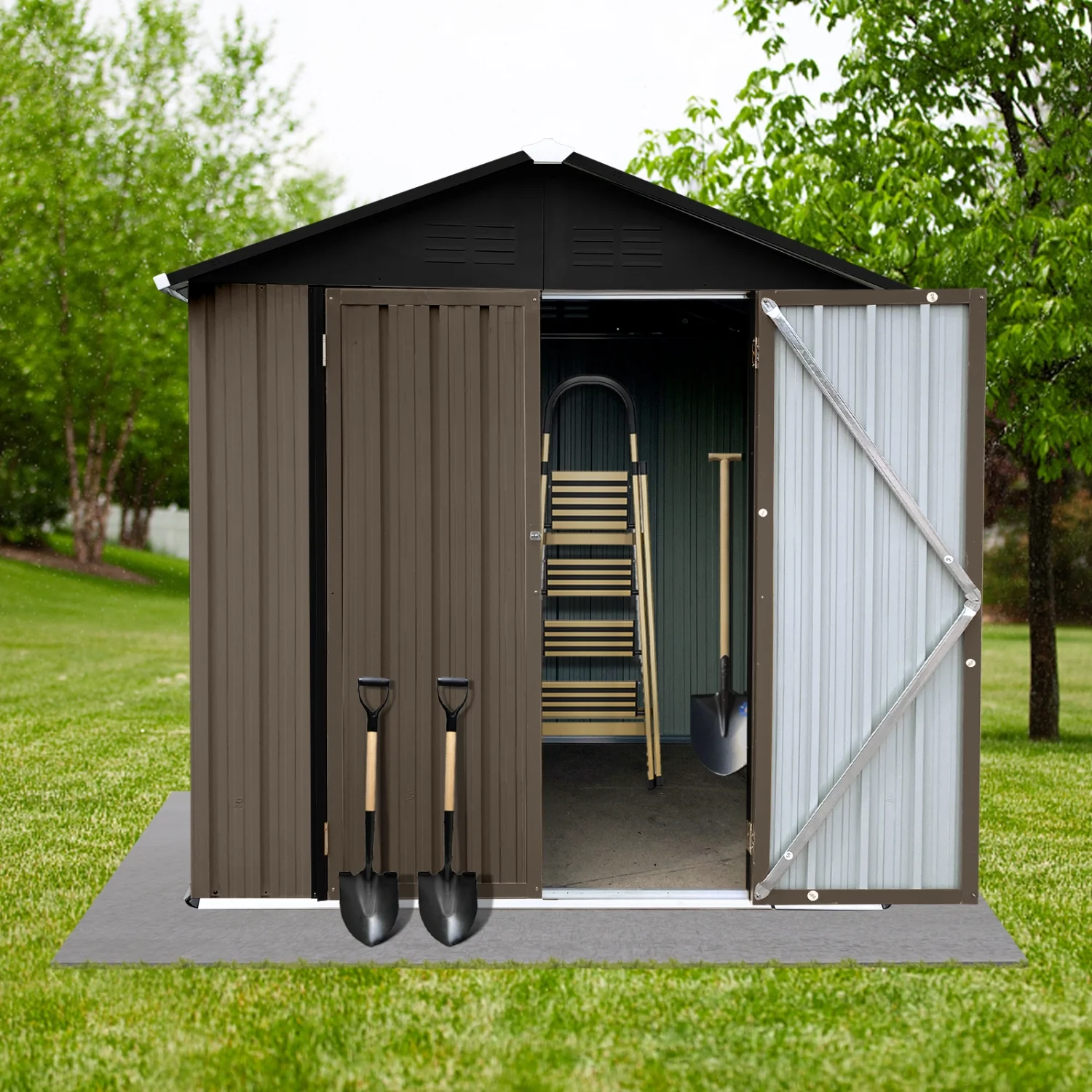 Brown and Black 4ft×6ft Apex Roof Out Storage Sheds - Durable Spacious and Stylish Storage Solution for Your Outdoor Space