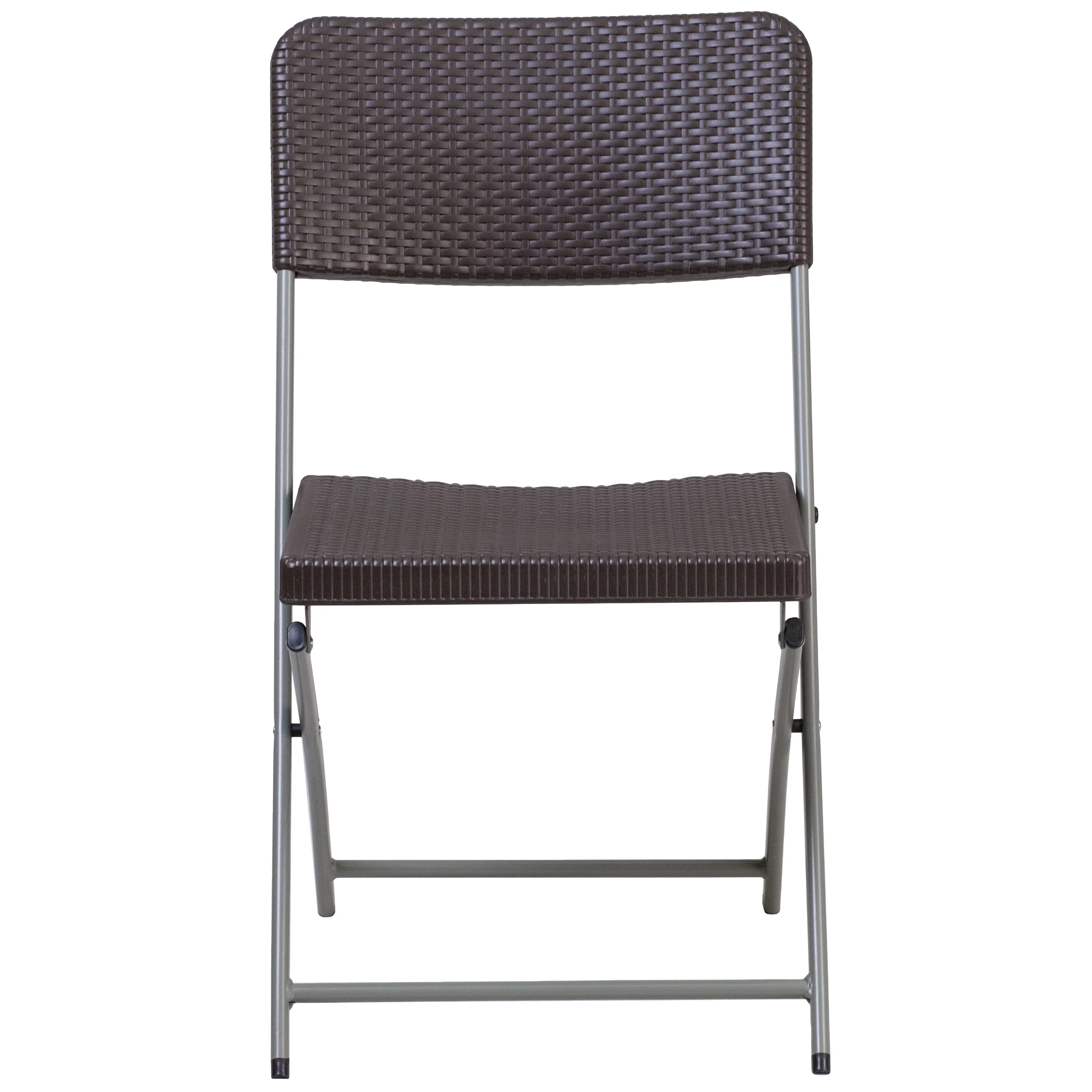 BizChair 2 Pack Brown Rattan Plastic Folding Chair with Gray Frame