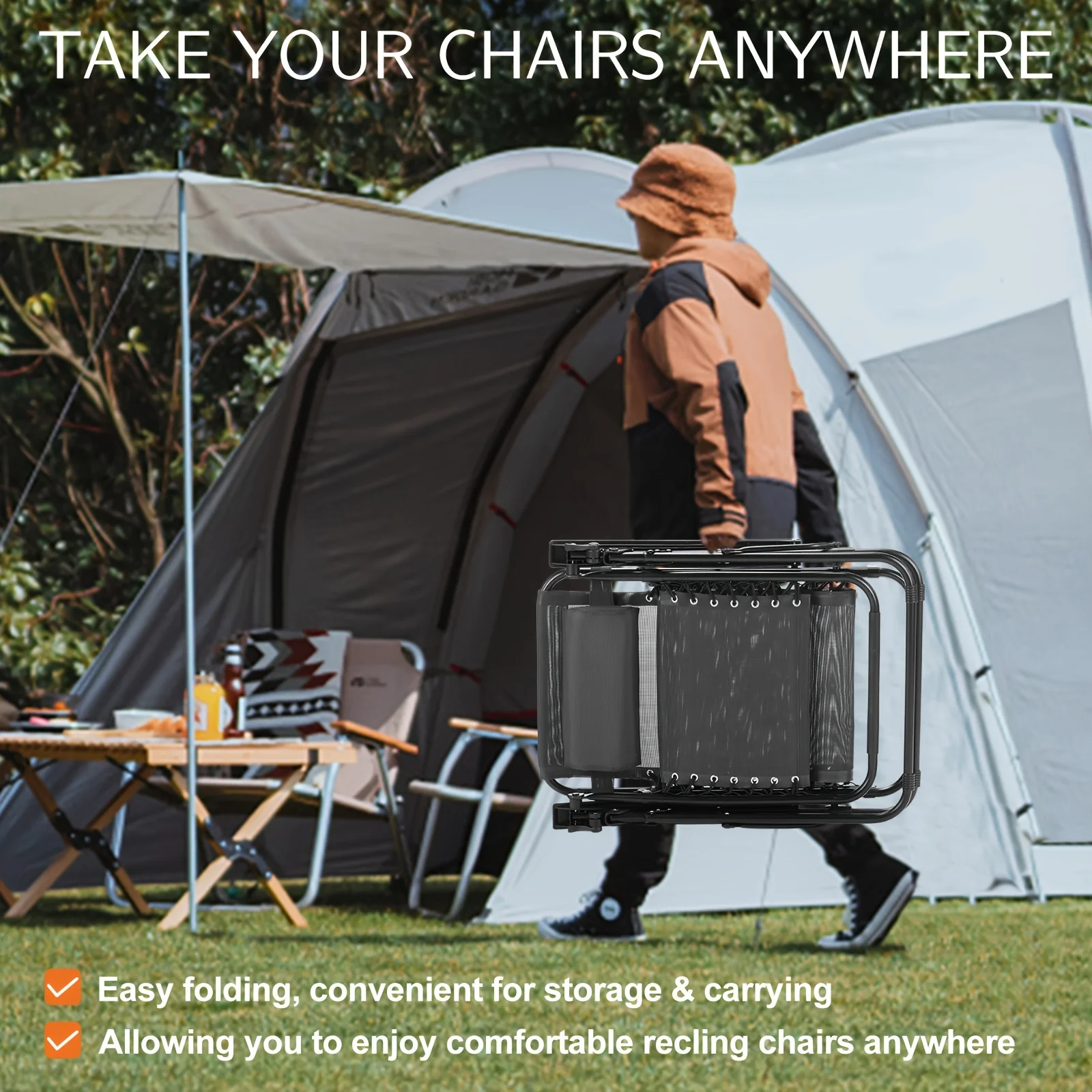 Zero  Gravity Lounge Chairs Set Of 2, Portable Folding Recliner Beach Camping Patio Outdoor Chair With Cup Holder Trays And Adjustable Pillow For Pool, Backyard, Lawn