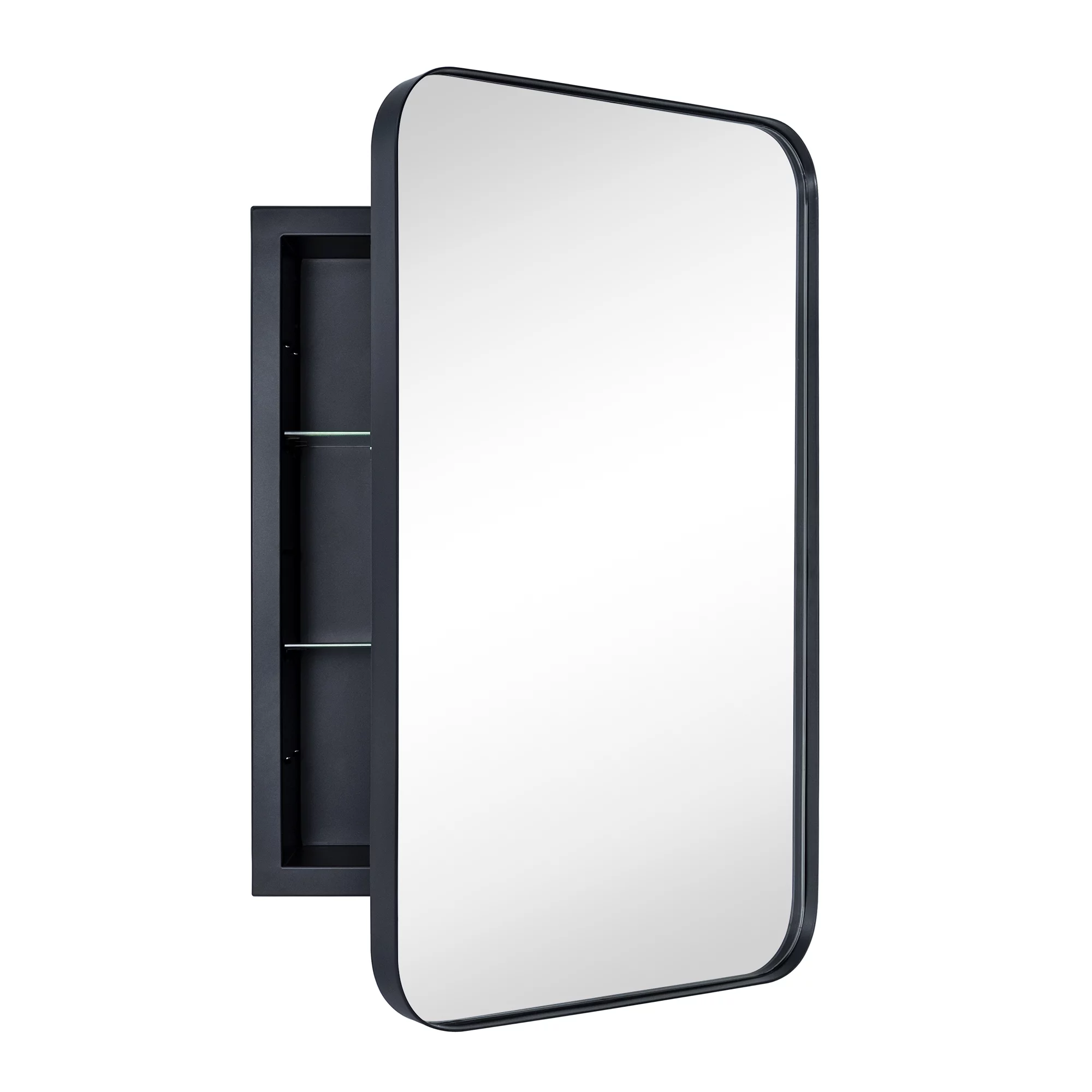 EGHOME Black Rectangle Recessed Bathroom Medicine Cabinet with Mirror Stainless Steel Metal Framed Rounded Rectangular Bathroom Cabinet with Mirror 16x24''