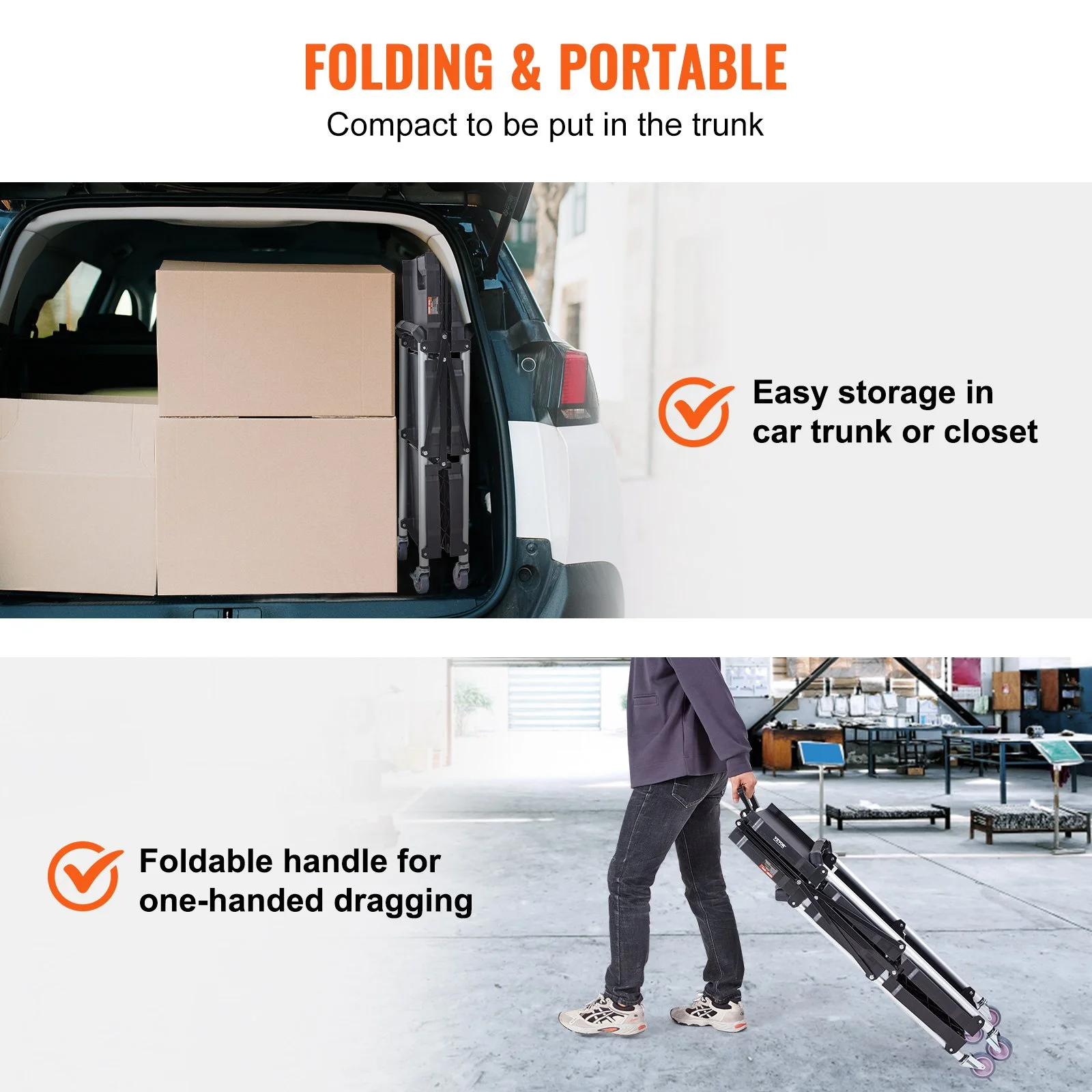 EVOR 3-Shelf Rolling Utility Cart - 165LBS Capacity, Foldable, Lockable Wheels, for Warehouse, Office, Home - 25.6x15.4x32.8 inches