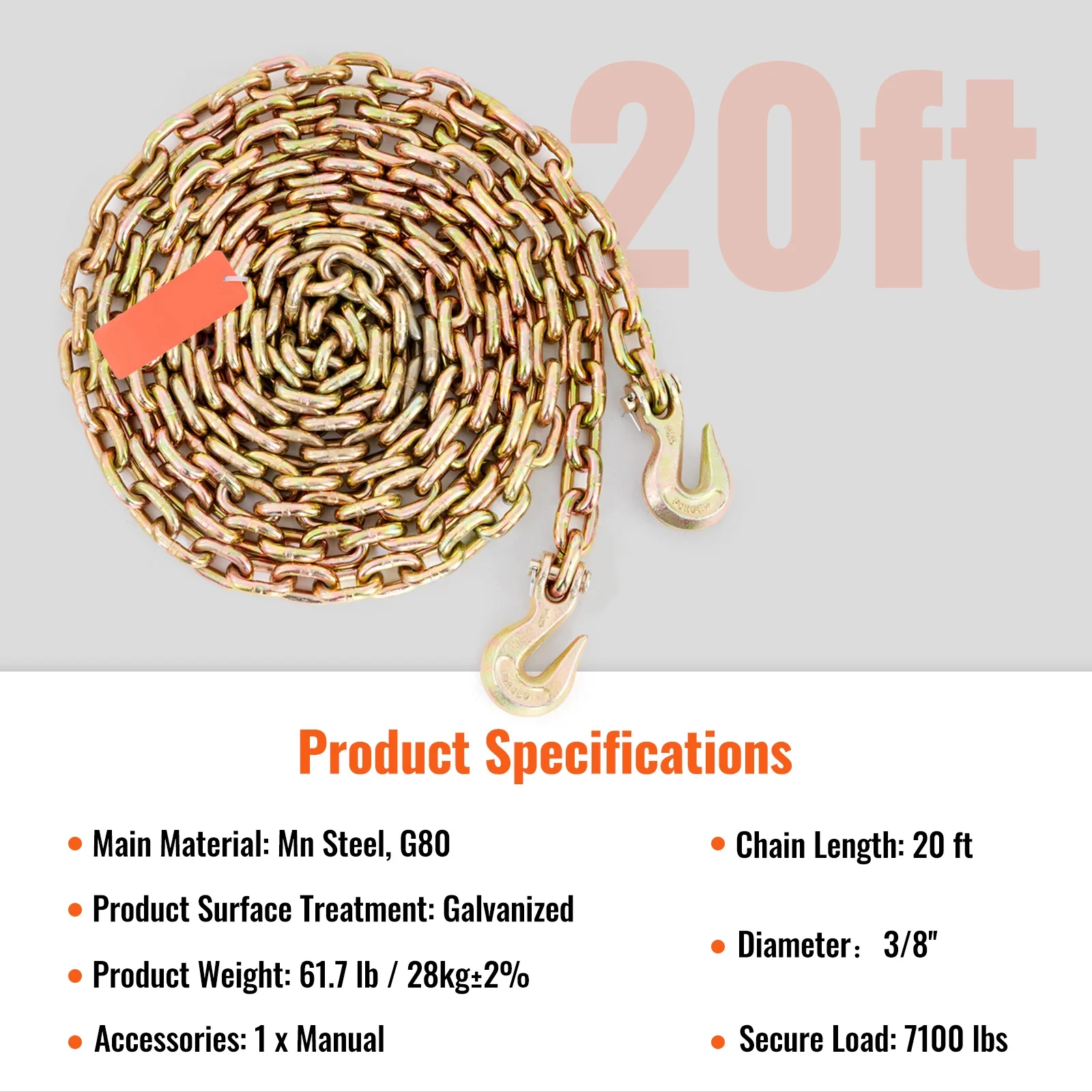 SKYSHALO Bundle Chain G80 Tow Chain with Hook 7100 lb. Load 3/8 in. x 20 in. 2-Pack