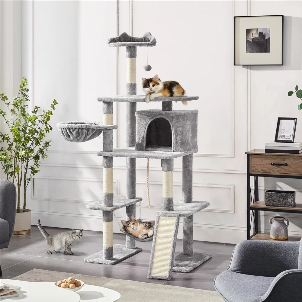 Easyfashion 69.5-inch Cat Tree Cat Activity Center with Scratching Post Tunnel Light Gray