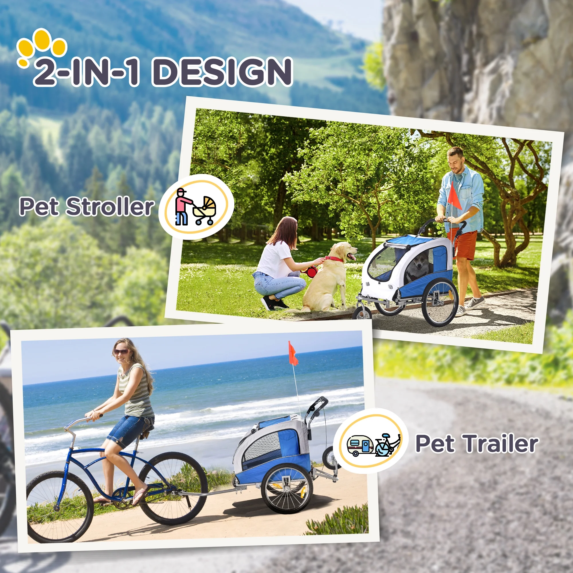 Aosom Dog Bike Trailer 2-In-1 Pet Stroller with Canopy and Storage Pockets, Blue