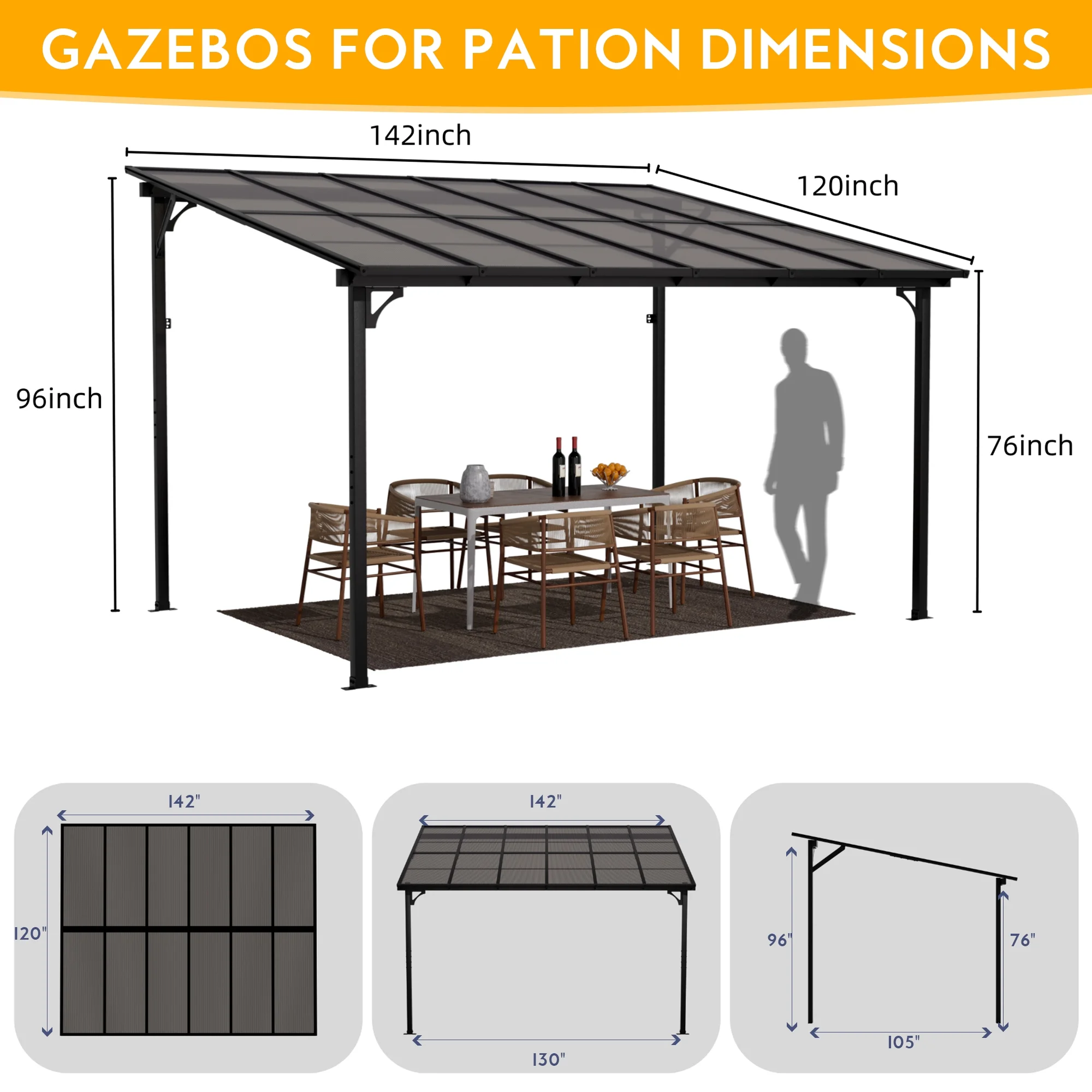 GDPFN 12' x 10' Gazebo, Wall Mounted Lean to Pergola, Outdoor Hardtop Gazebo with Roof, Large Heavy Duty Metal Awnings for Patio, Backyard, Deck, Porch