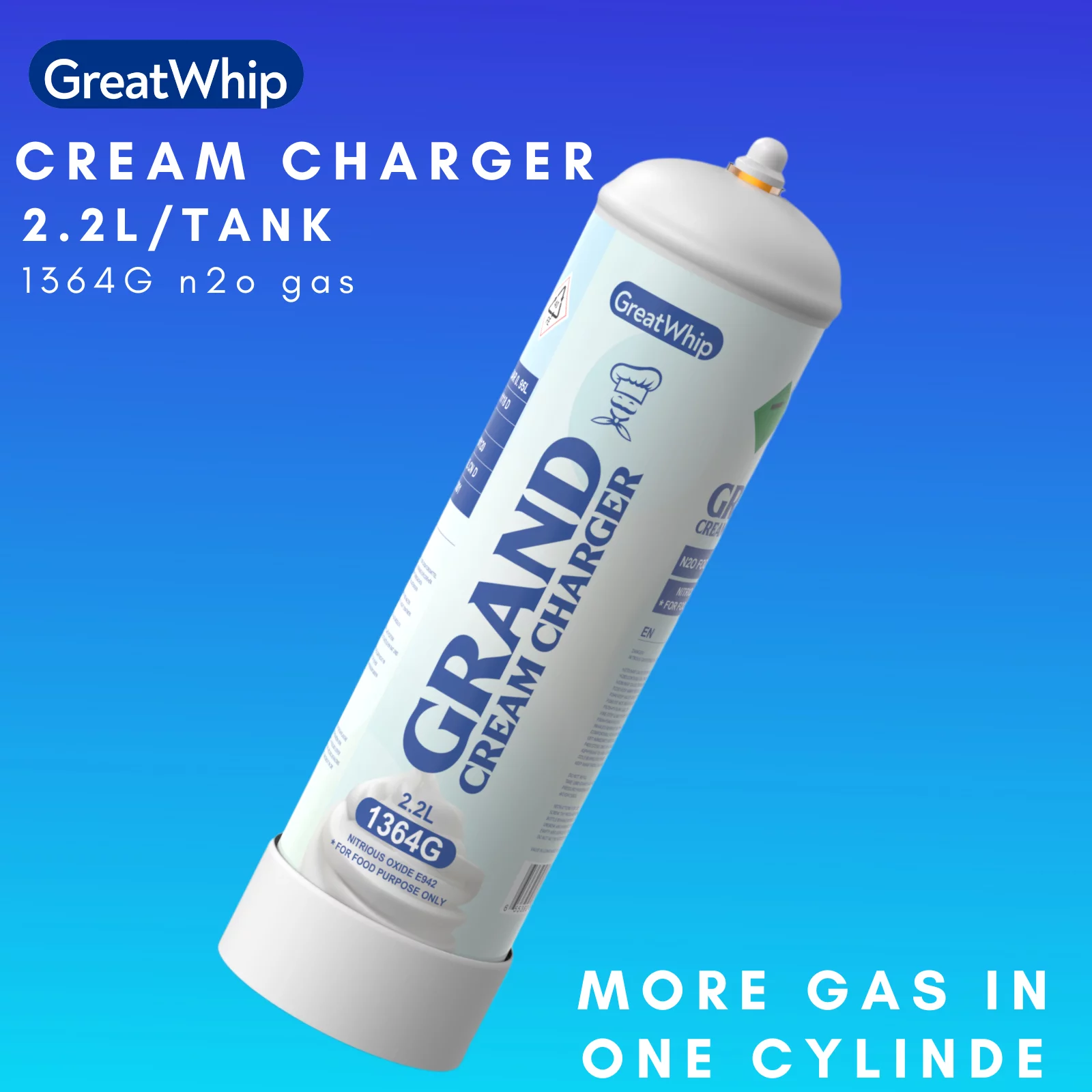 GreatWhip Whipped Cream Charger 2.2L Whip Cream Charger Cylinders 2.2L Tank (1 Cylinder)